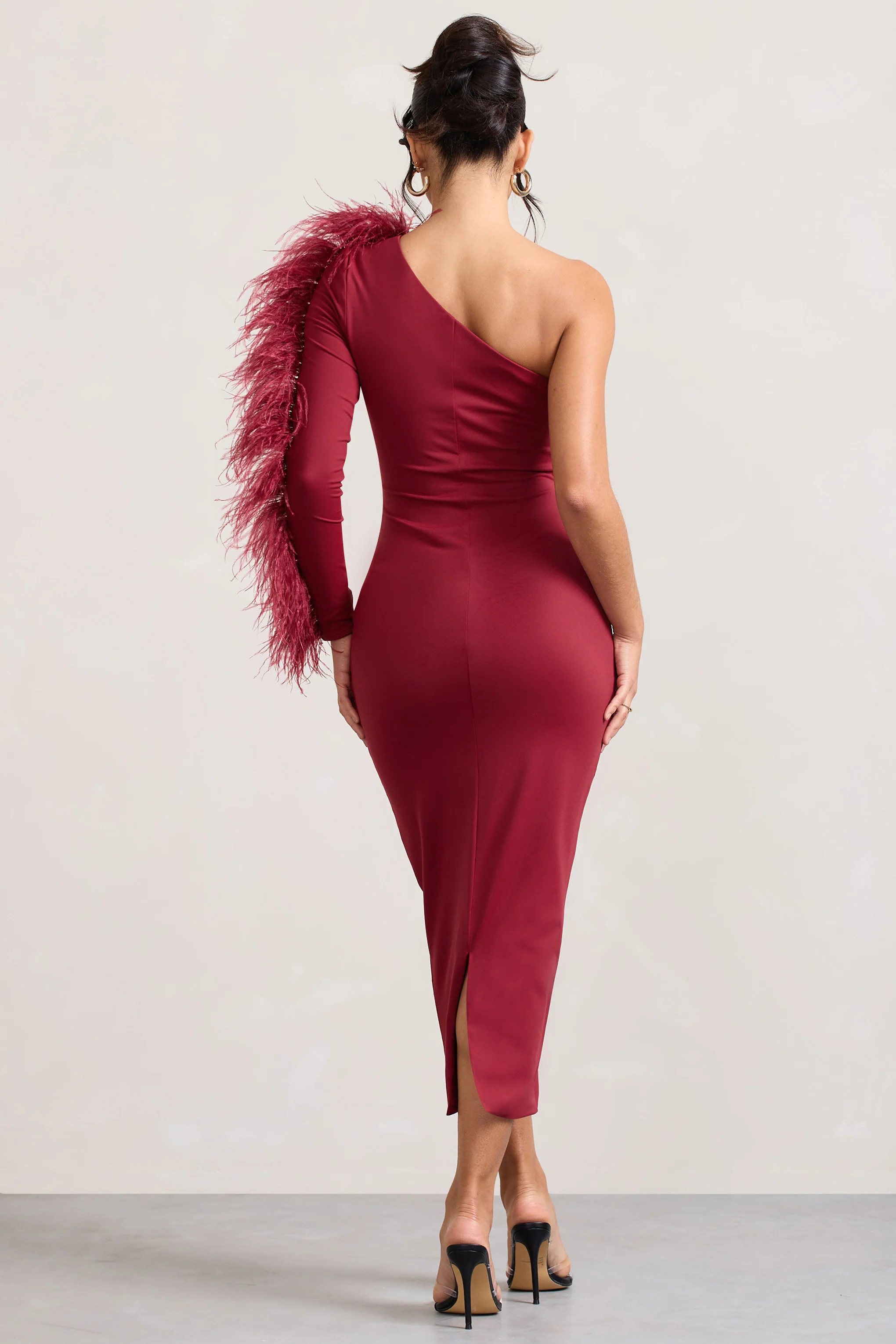 Wild One | Burgundy One-Shoulder Bodycon Midi Dress With Feather-Trimmed Sleeve - Image 2