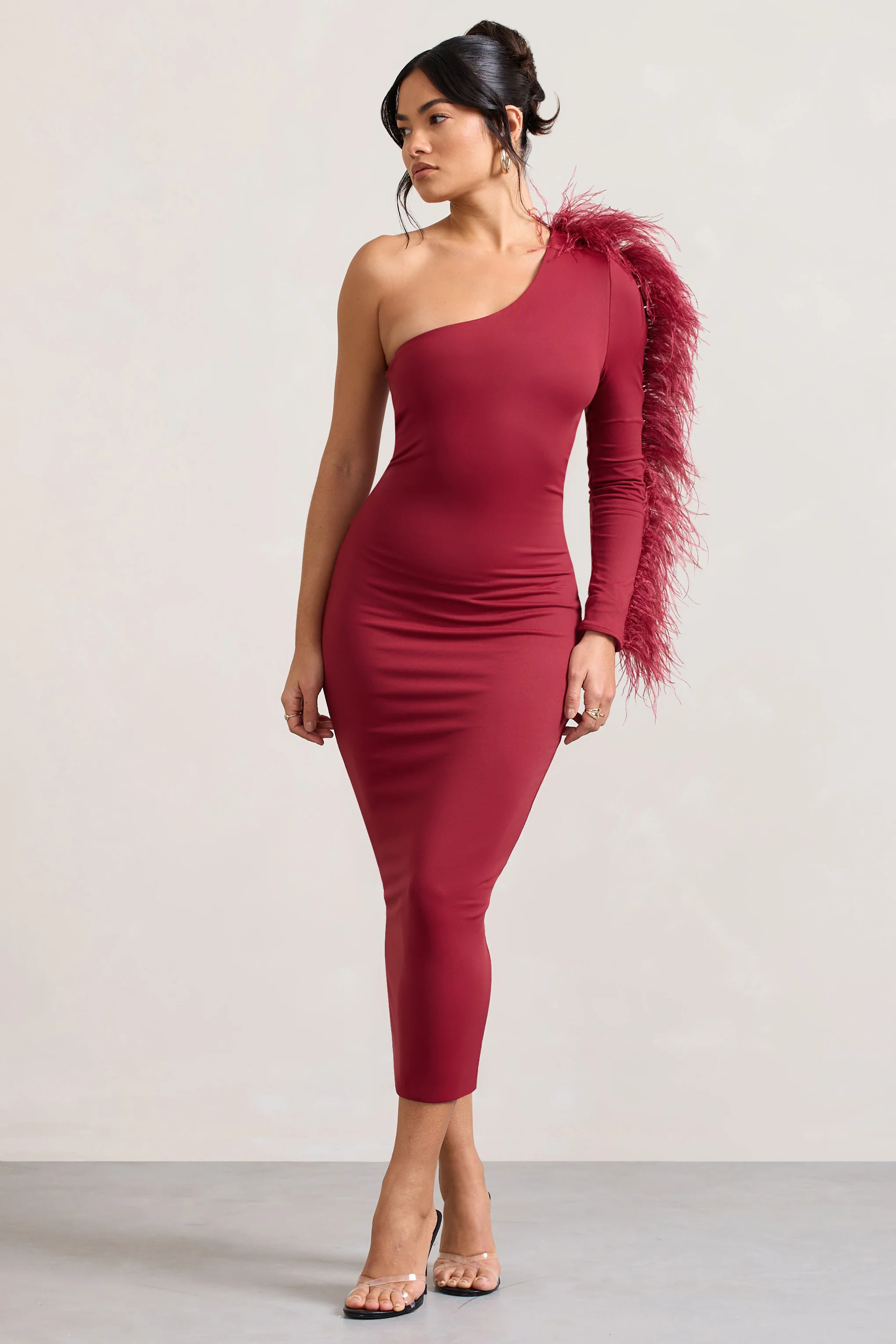 Wild One | Burgundy One-Shoulder Bodycon Midi Dress With Feather-Trimmed Sleeve - Image 4