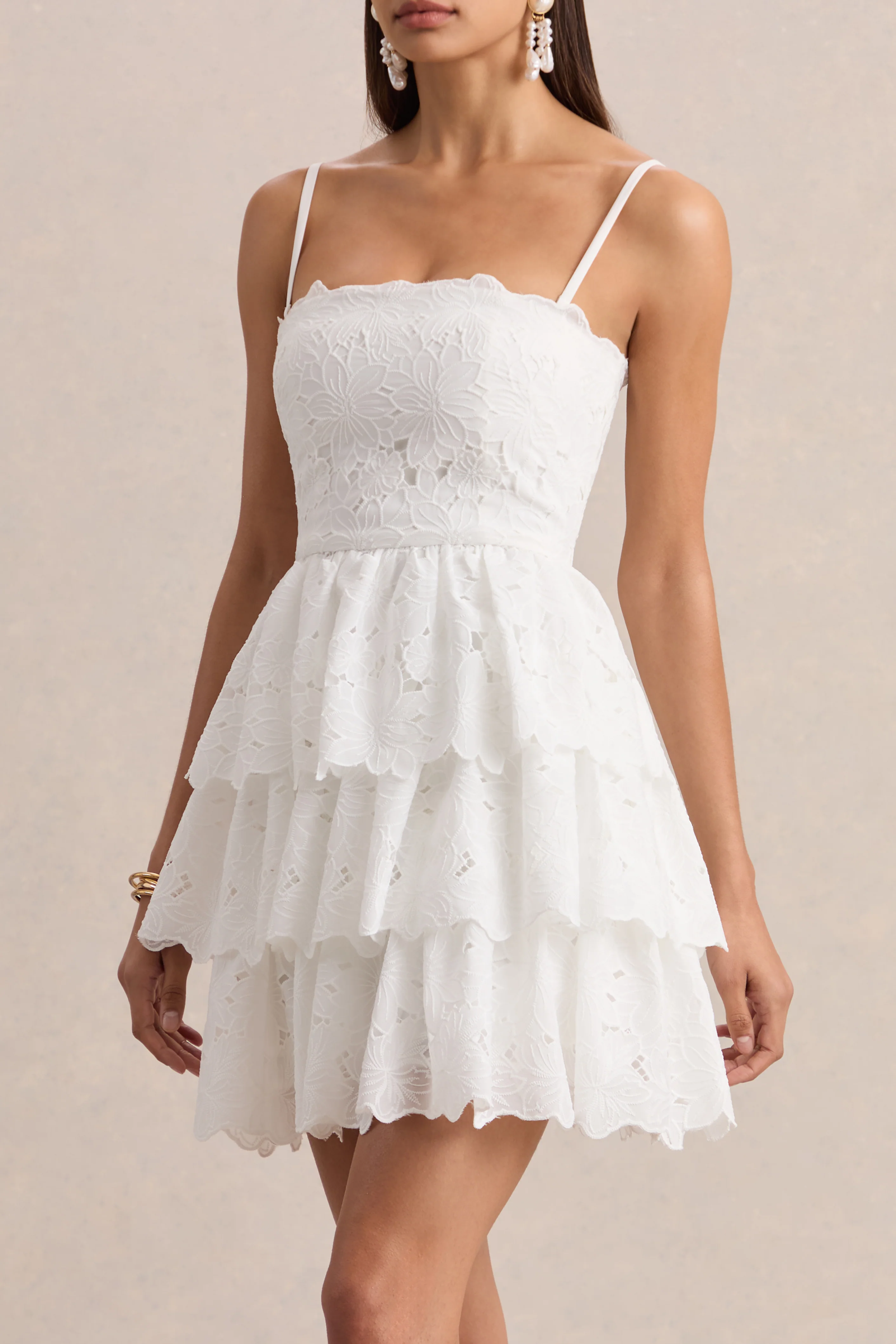 Winona | White Lace Square-Neck Mini Dress With Ruffled Detailing - Image 3