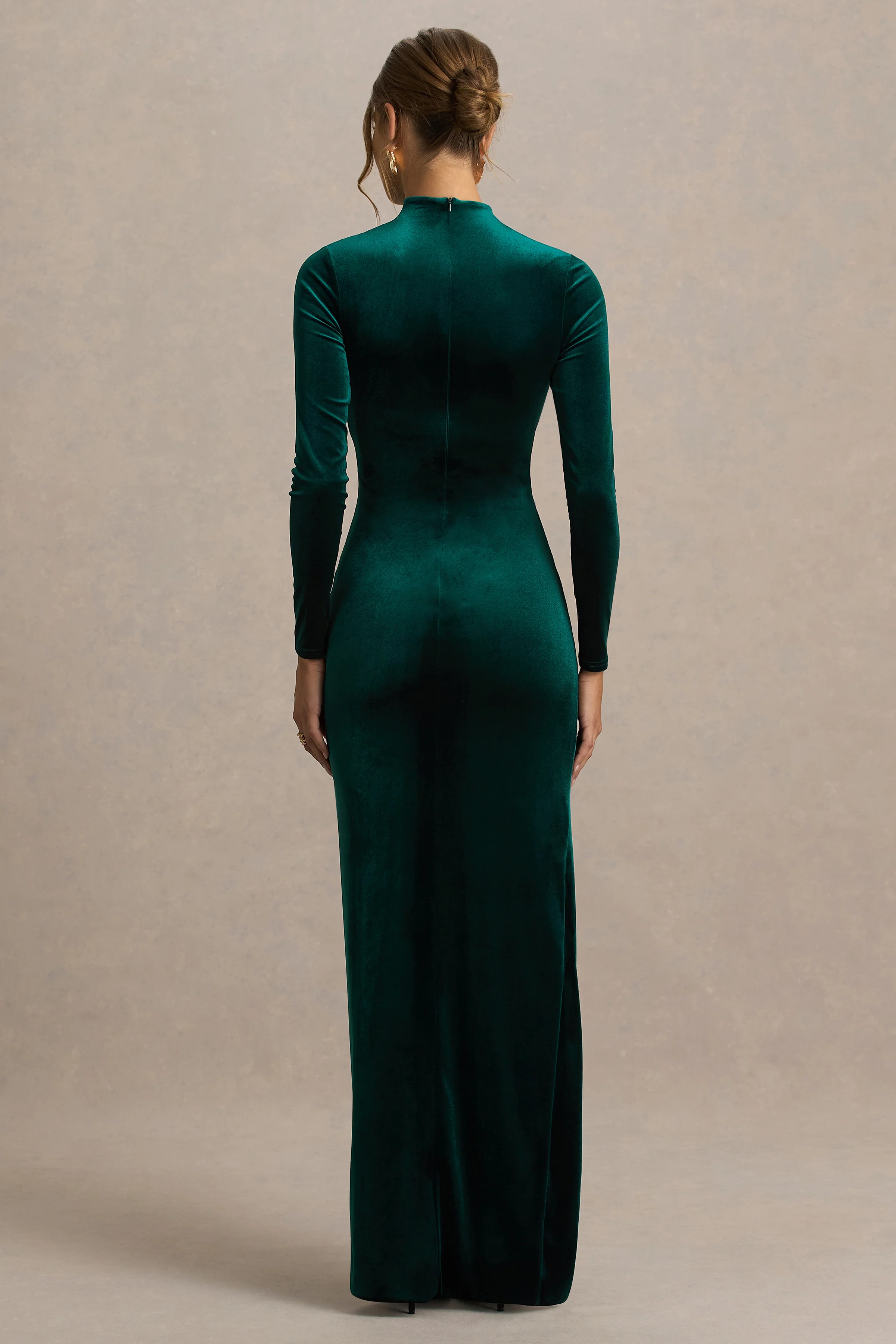 Wishes | Bottle Green Velvet High-Neck Maxi Dress With Wrap Skirt - Image 2