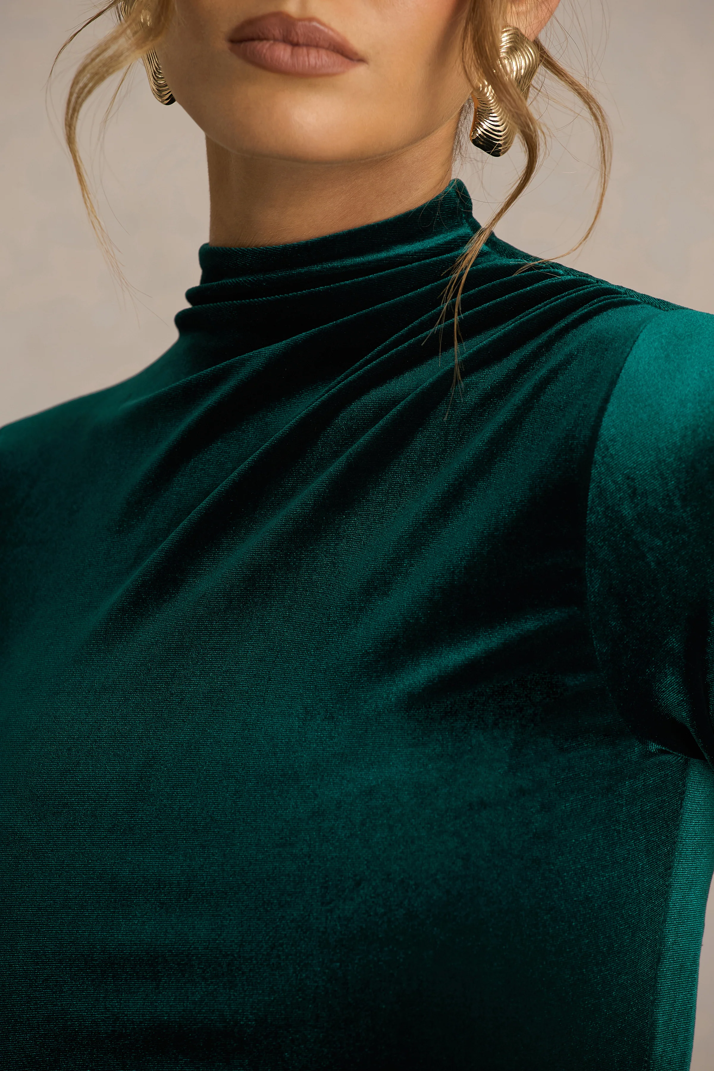 Wishes | Bottle Green Velvet High-Neck Maxi Dress With Wrap Skirt - Image 3