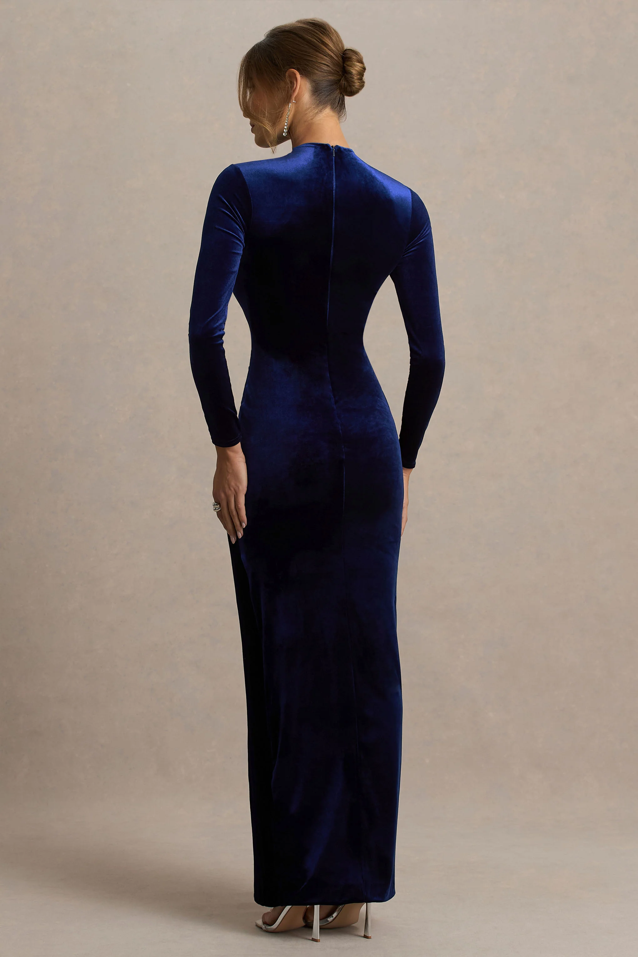 Wishes | Navy Velvet High-Neck Maxi Dress With Wrap Skirt - Image 2