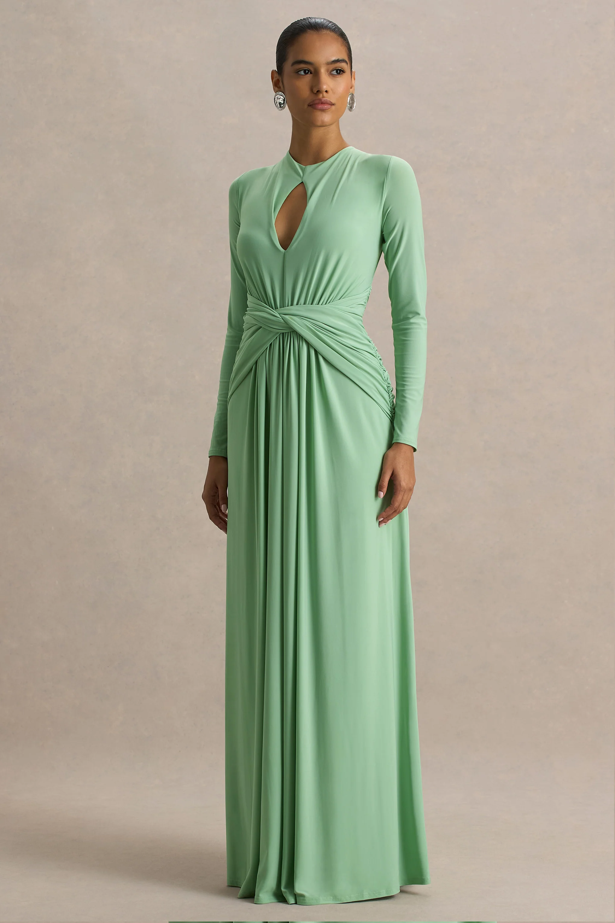 With Me | Green High-Neck Maxi Dress With Ruched Detailing - Image 3