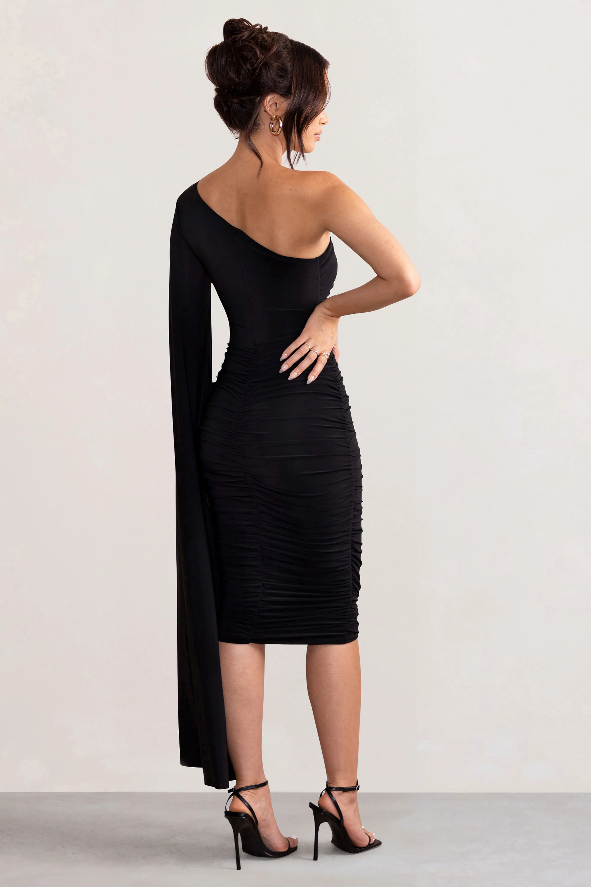 Yara | Black One Shoulder Cape Ruched Midi Dress - Image 2