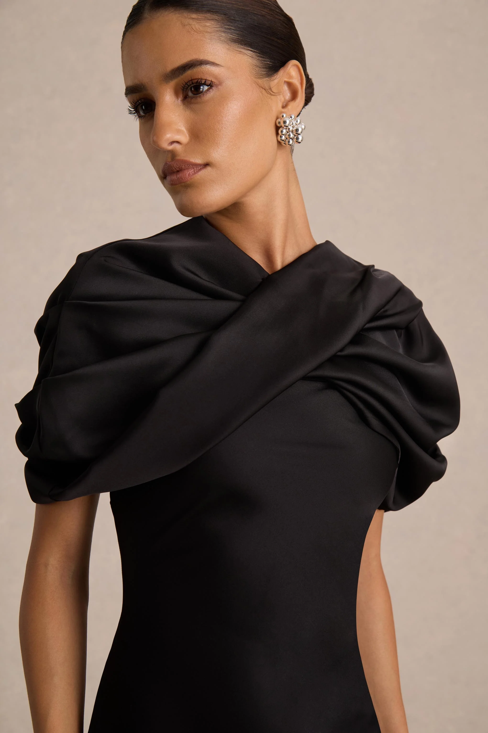 Yoli | Black Satin Maxi Dress With Removable Twist-Cape - Image 3