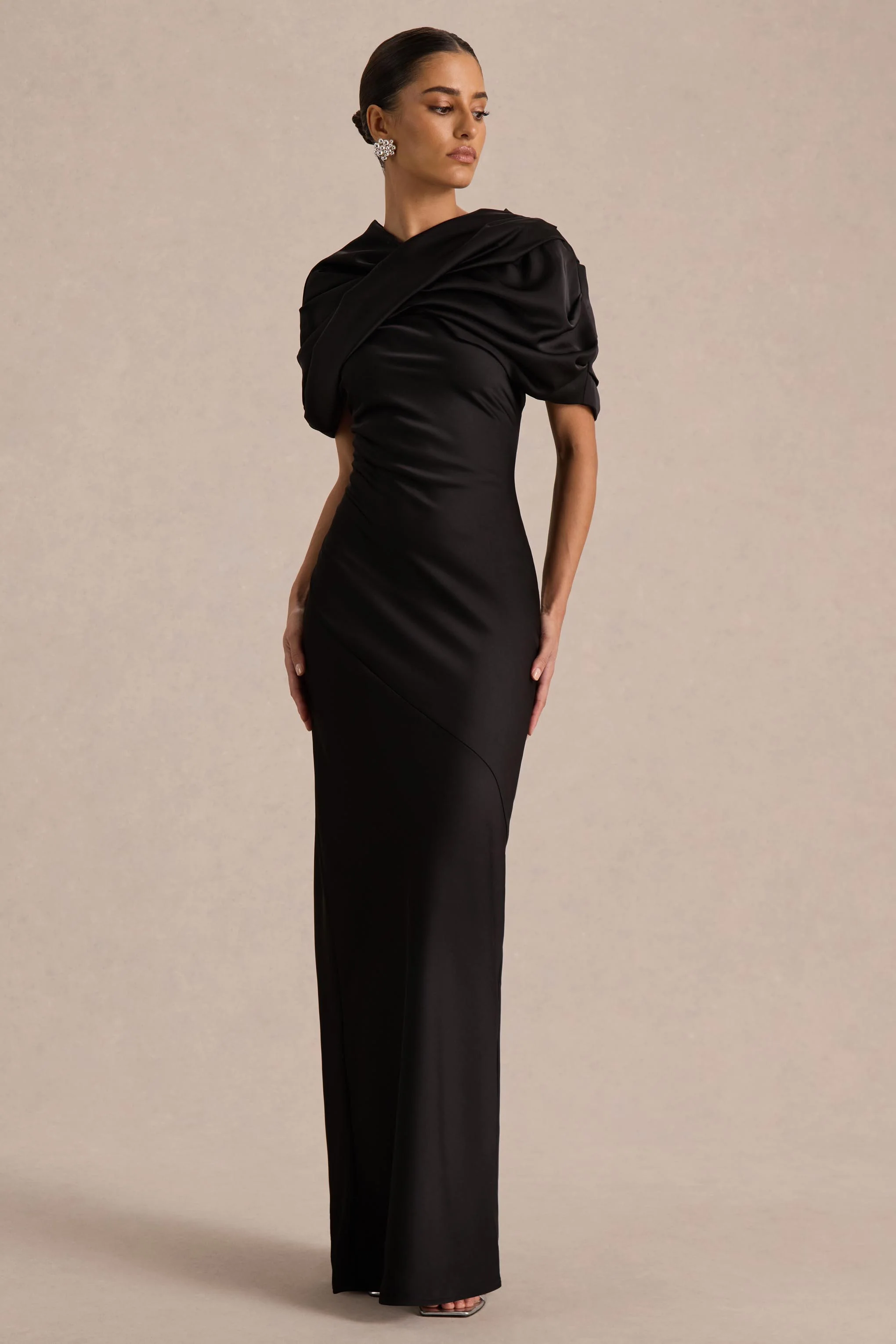 Yoli | Black Satin Maxi Dress With Removable Twist-Cape - Image 4