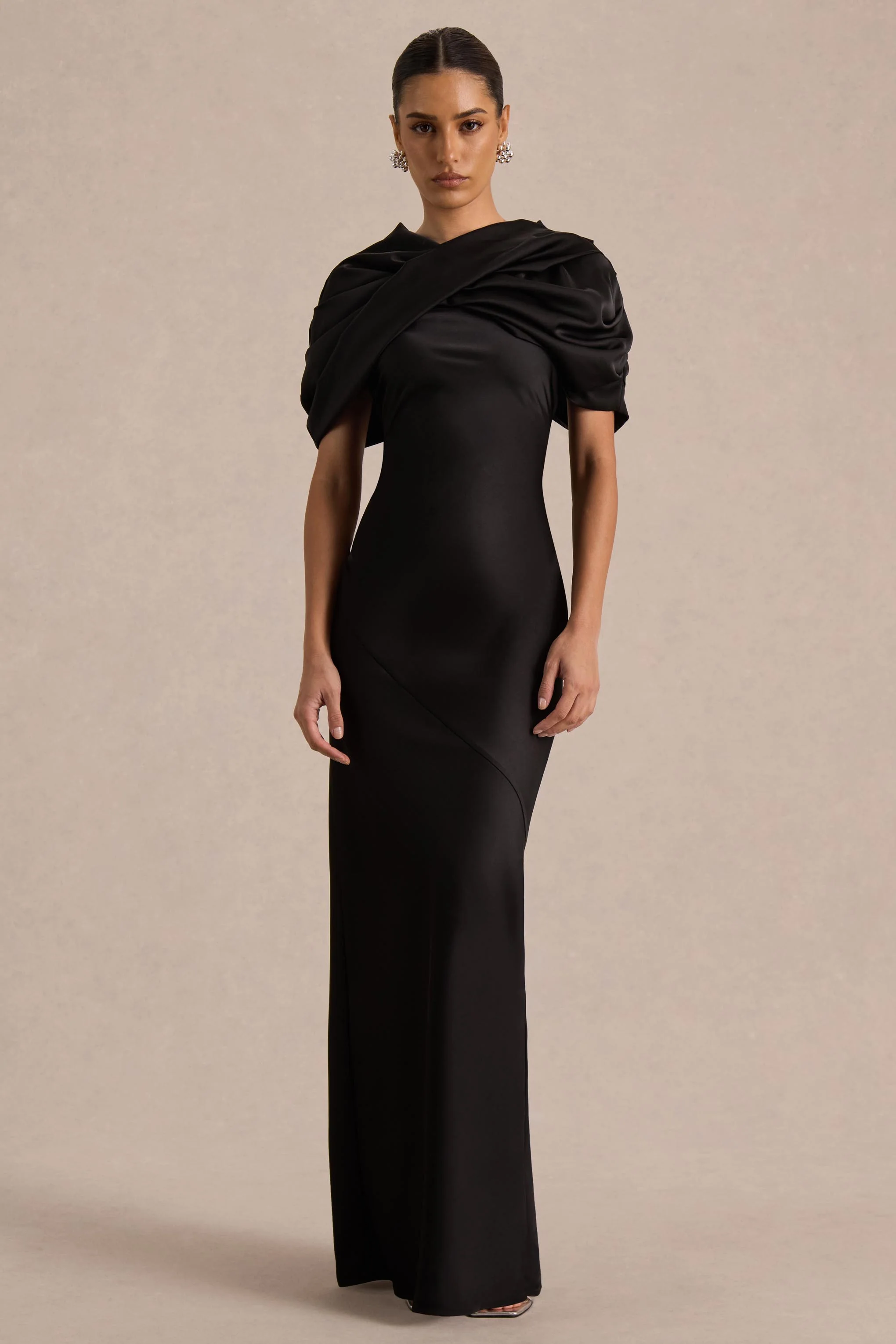 Yoli | Black Satin Maxi Dress With Removable Twist-Cape - Image 5