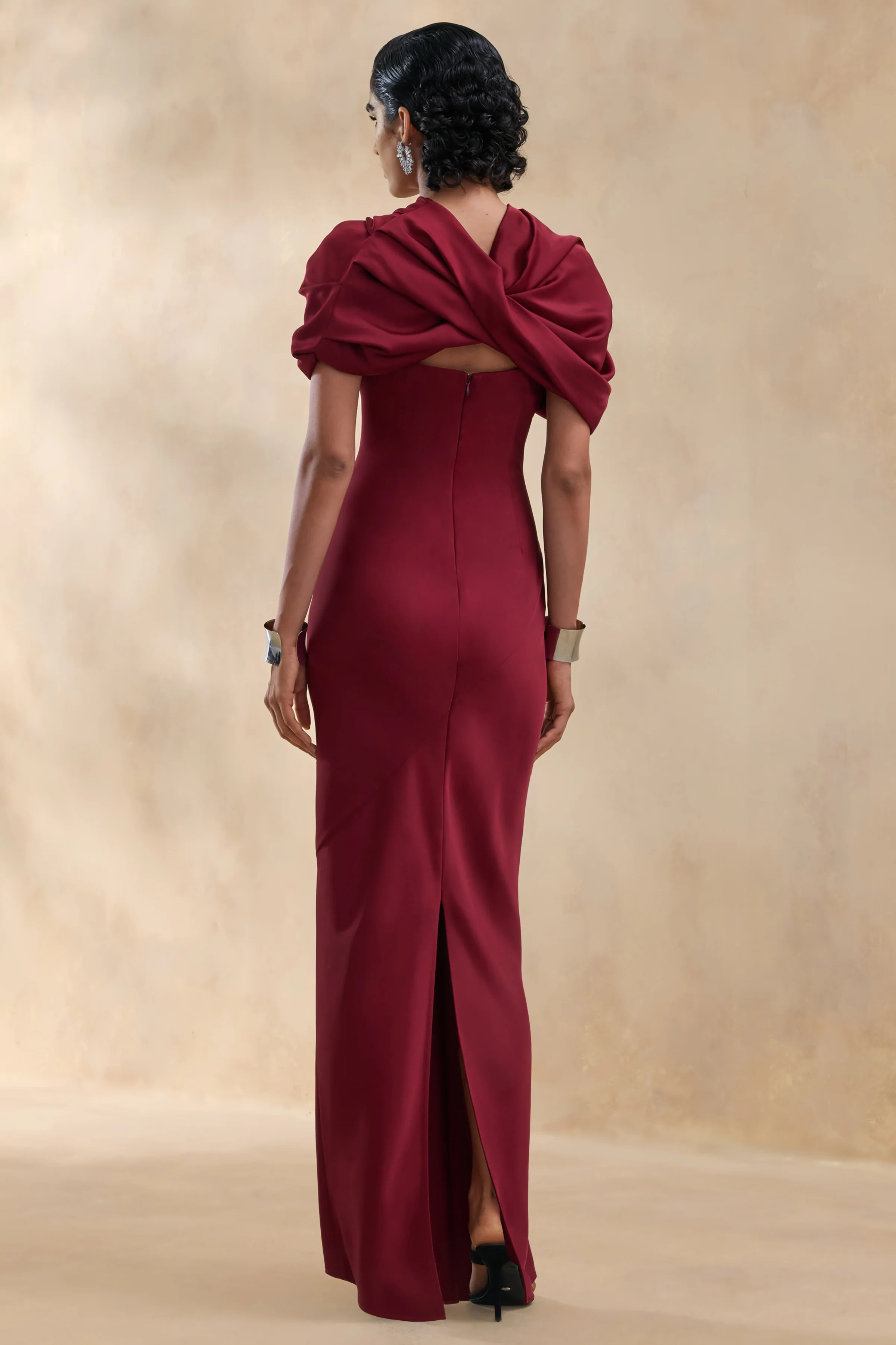 Yoli | Burgundy Satin Maxi Dress With Removable Twist-Cape - Image 2