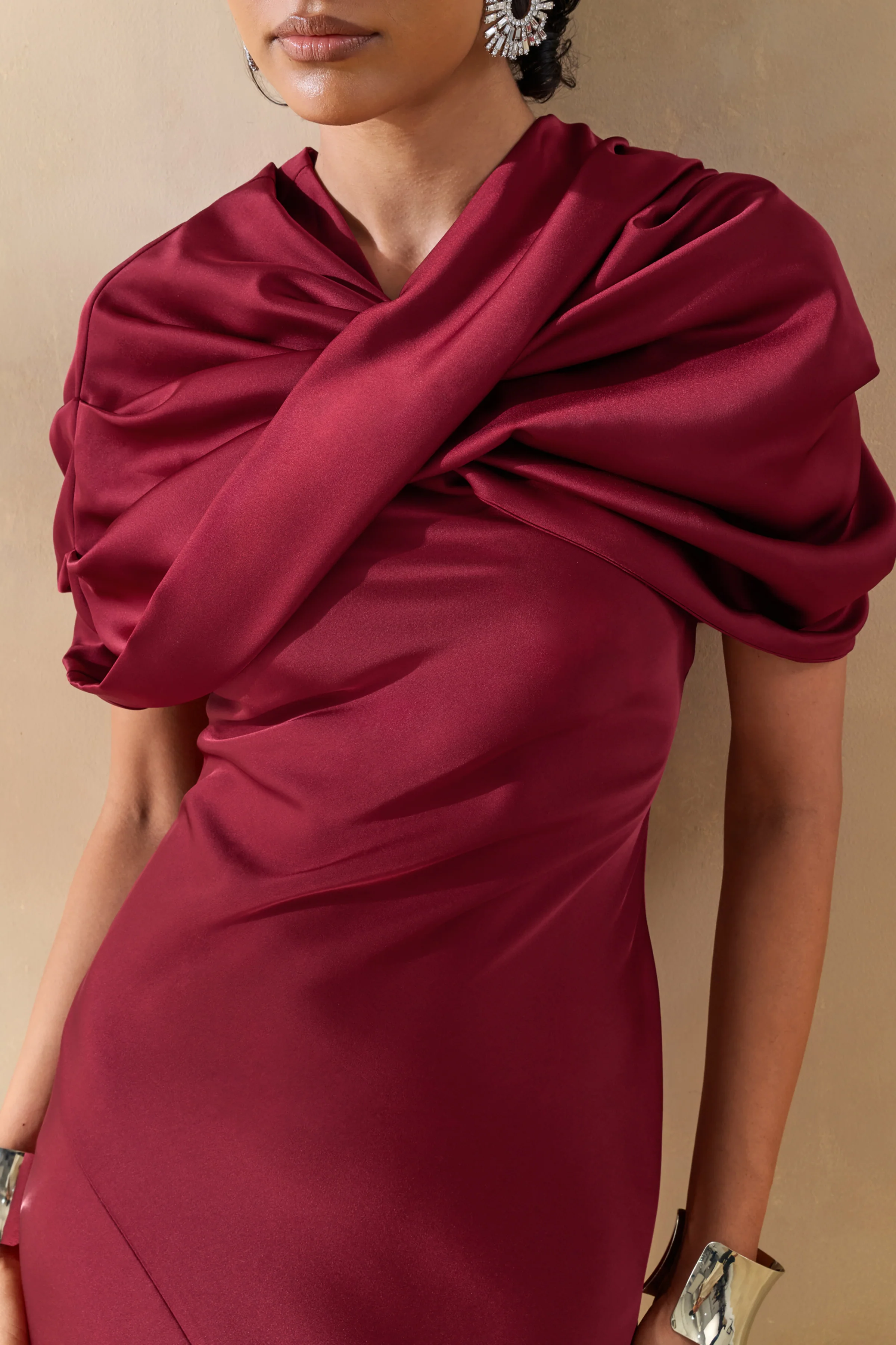 Yoli | Burgundy Satin Maxi Dress With Removable Twist-Cape - Image 3