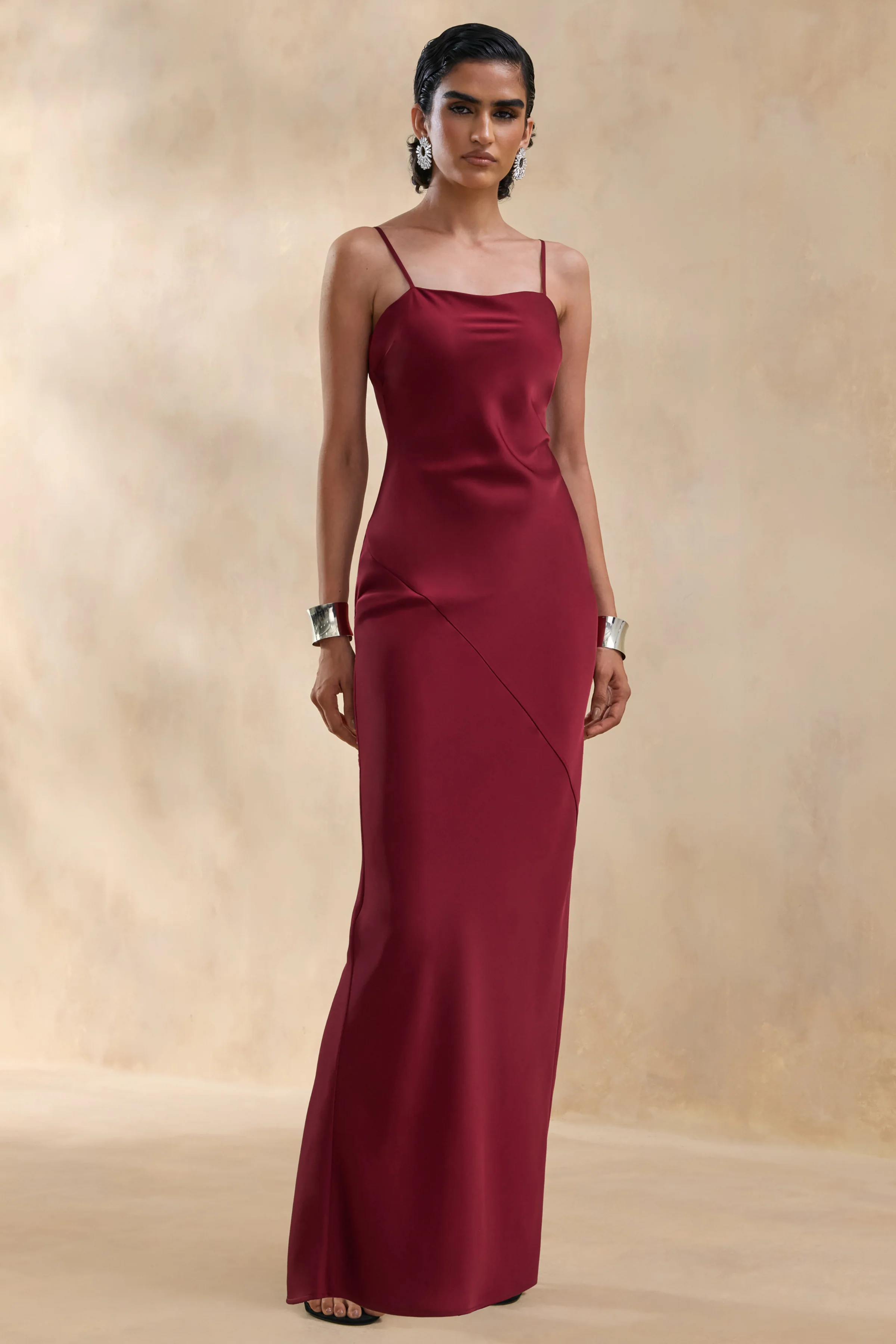 Yoli | Burgundy Satin Maxi Dress With Removable Twist-Cape - Image 4