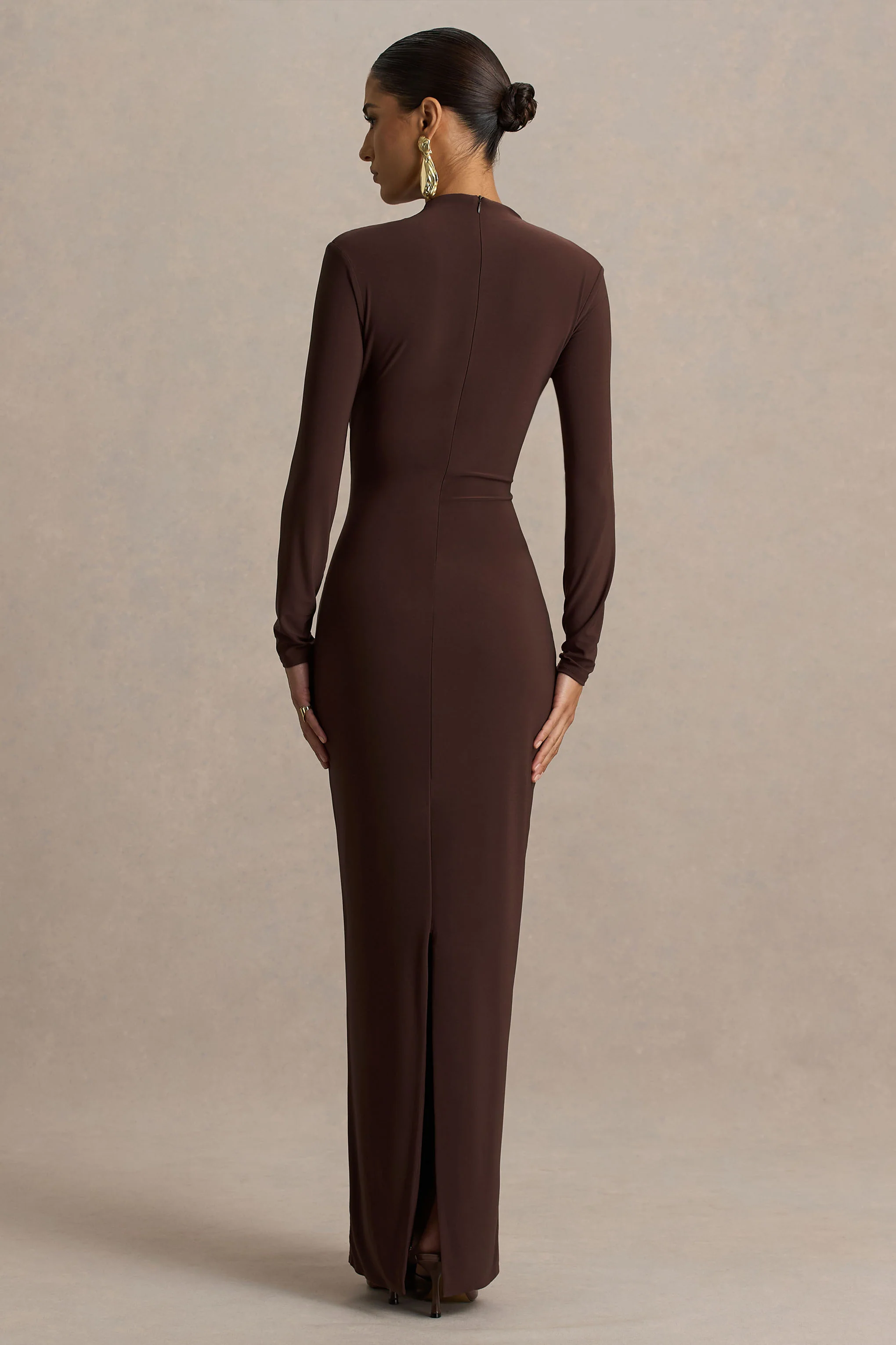 Zadie | Brown High-Neck Maxi Dress With Gathered-Detail - Image 2