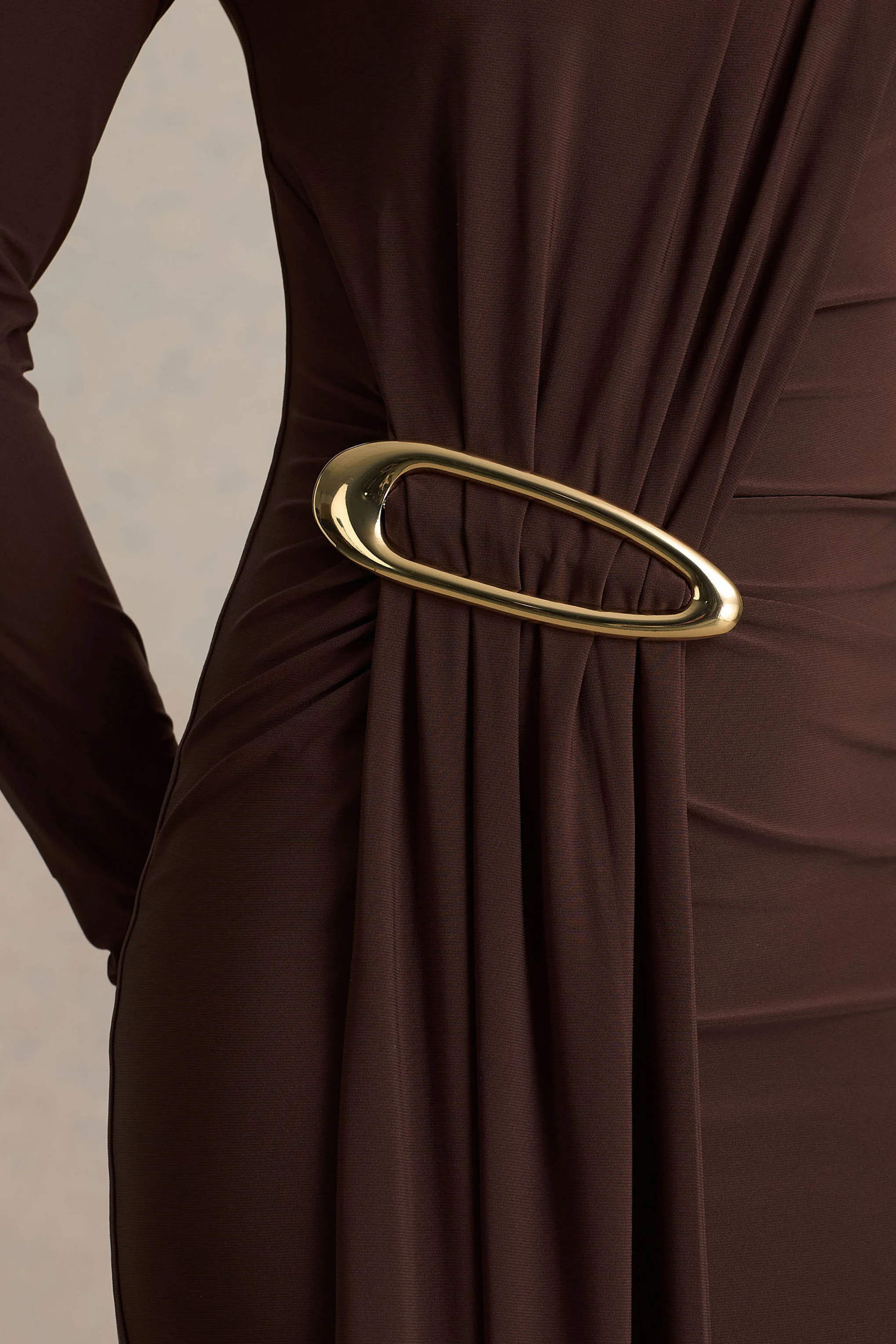 Zadie | Brown High-Neck Maxi Dress With Gathered-Detail - Image 3
