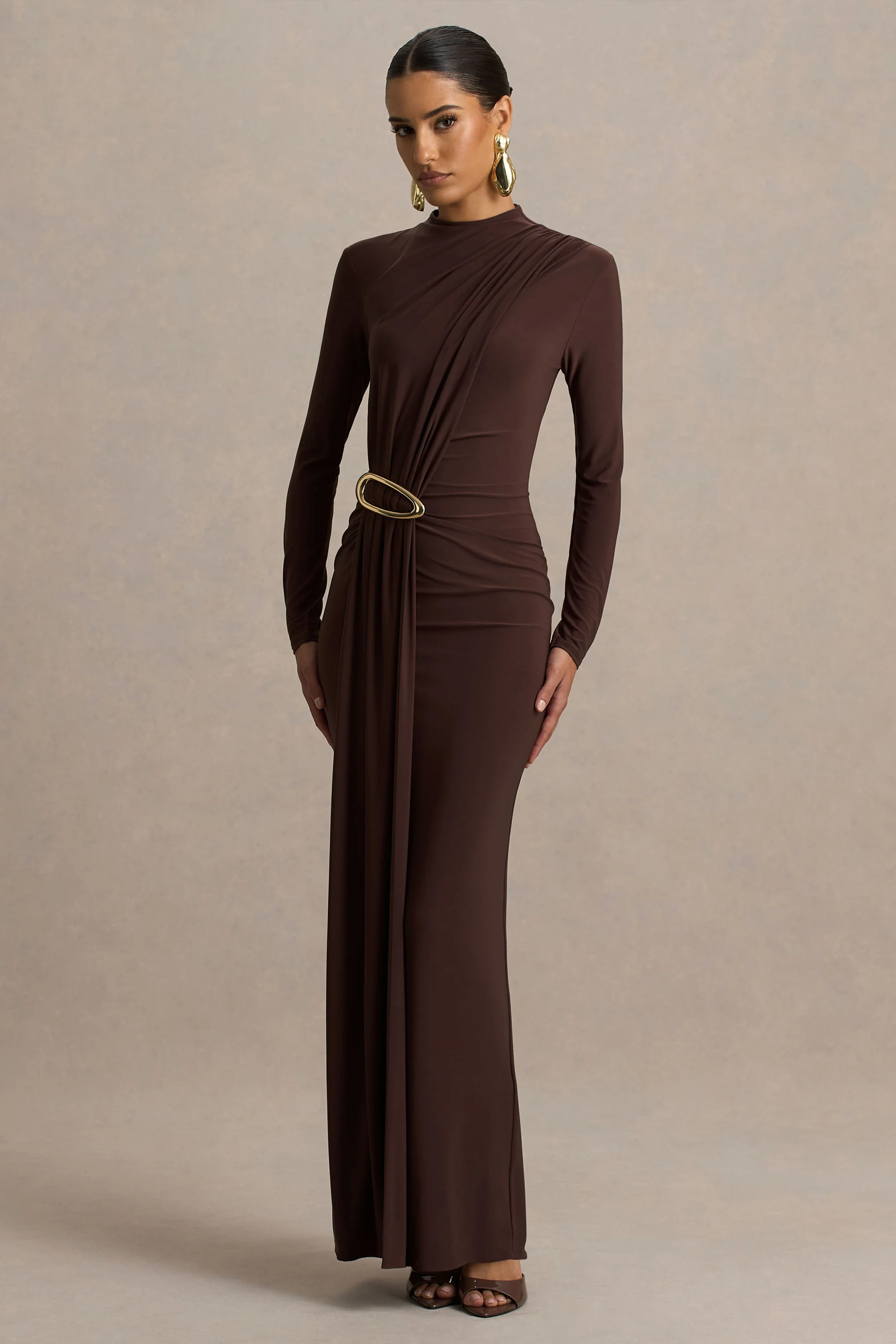 Zadie | Brown High-Neck Maxi Dress With Gathered-Detail - Image 4