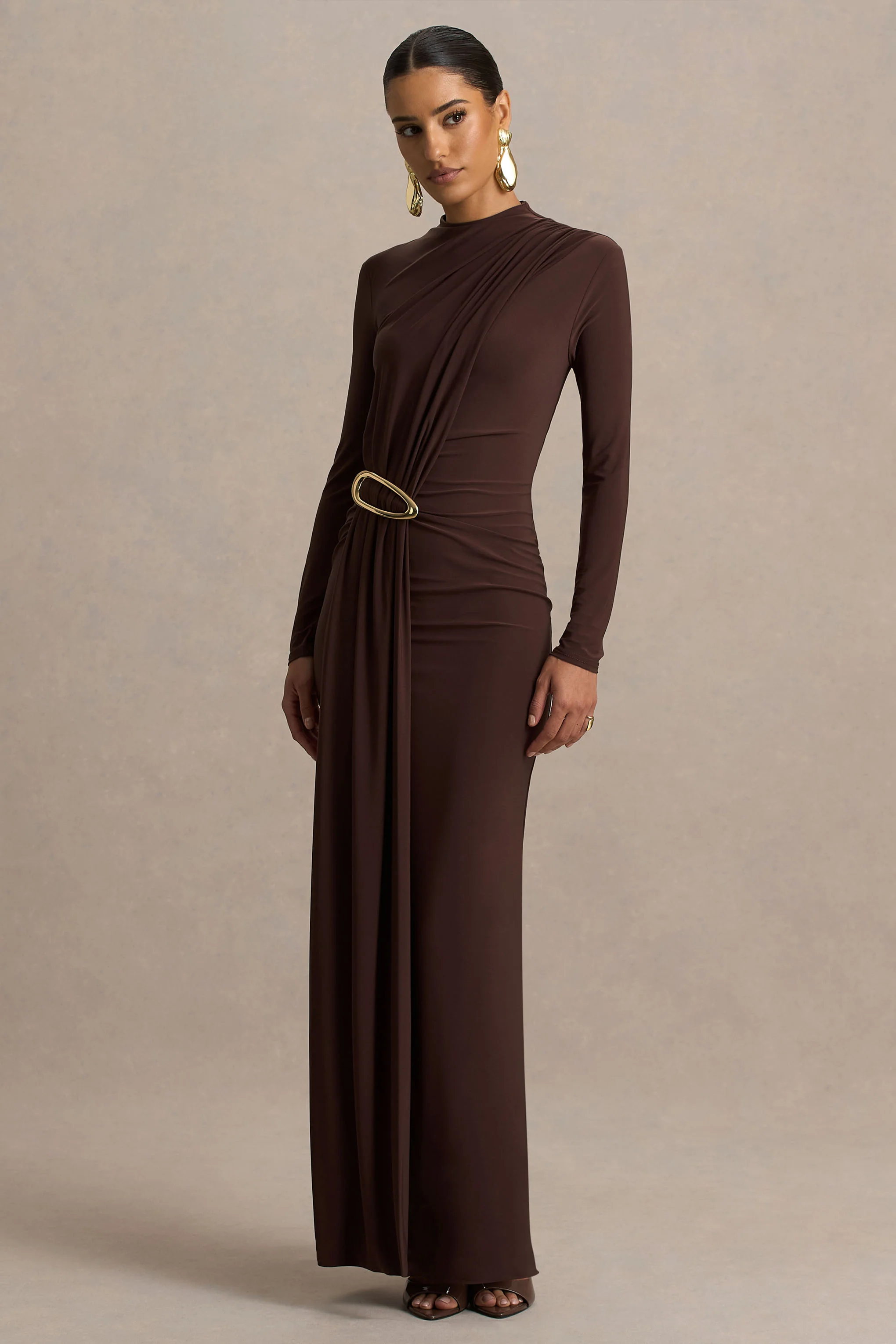 Zadie | Brown High-Neck Maxi Dress With Gathered-Detail - Image 5