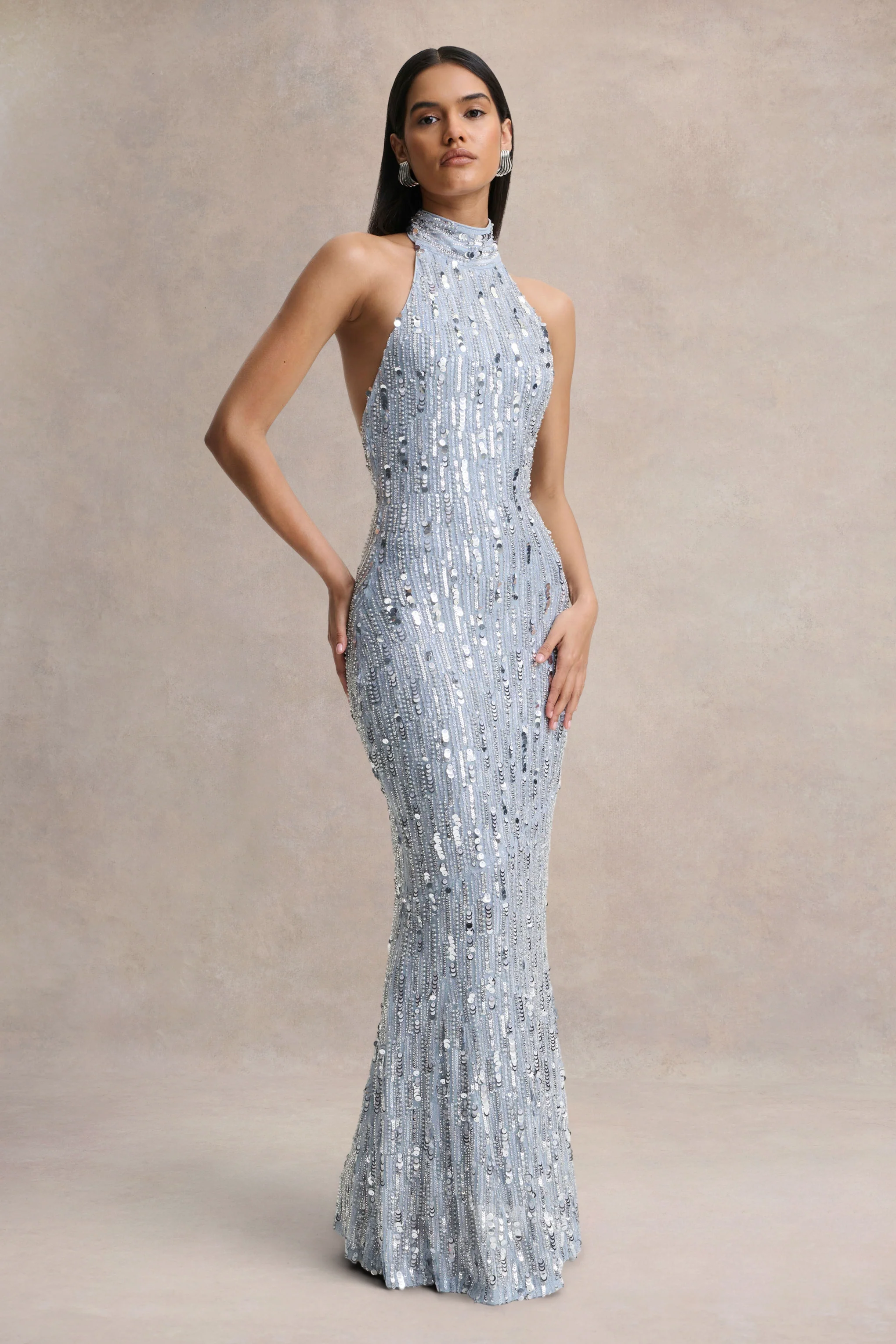 Zaira | Silver Sequin High-Neck Maxi Dress With Open-Back - Image 5