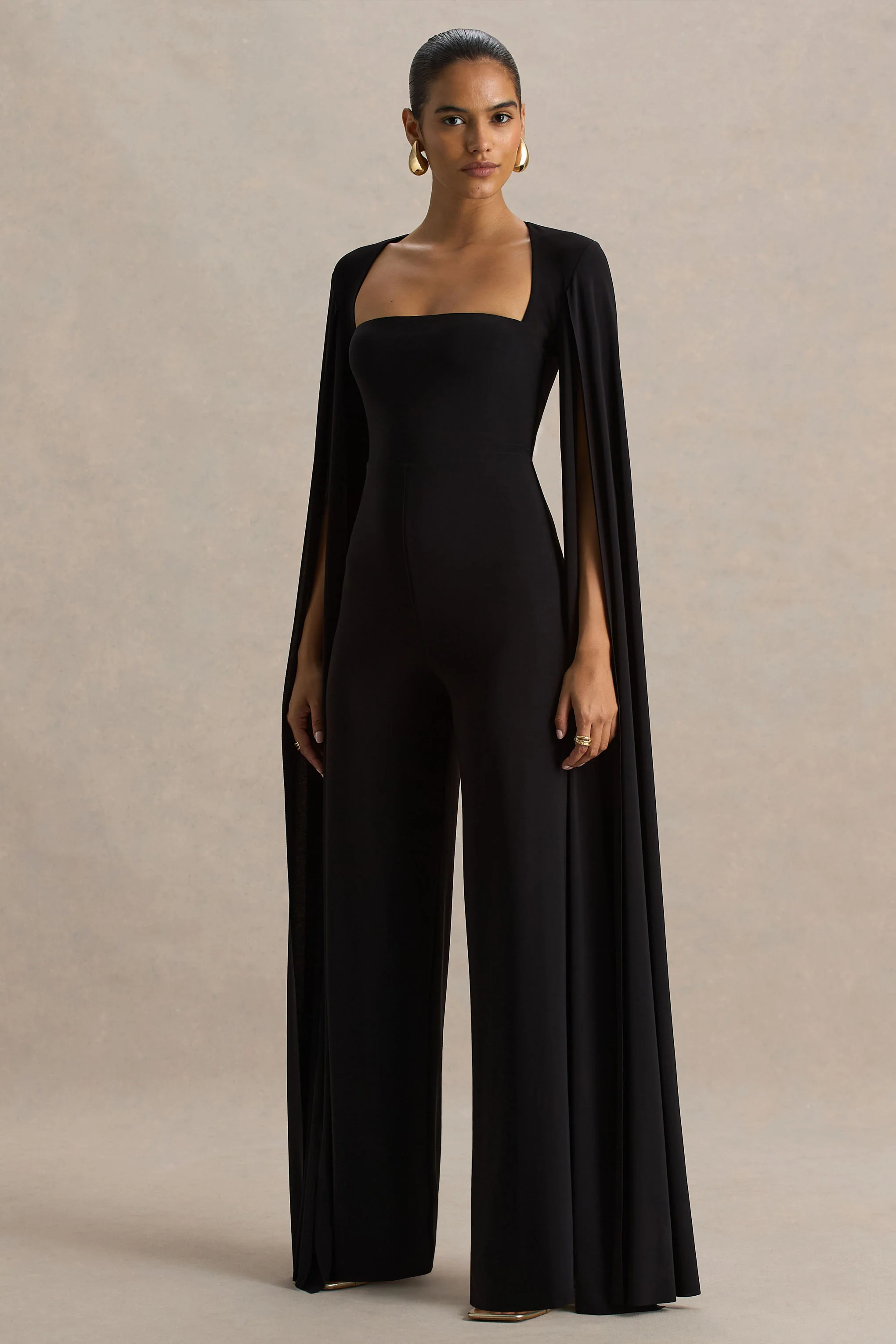 Zara | Black Square-Neck Jumpsuit With Cape Sleeves - Image 4