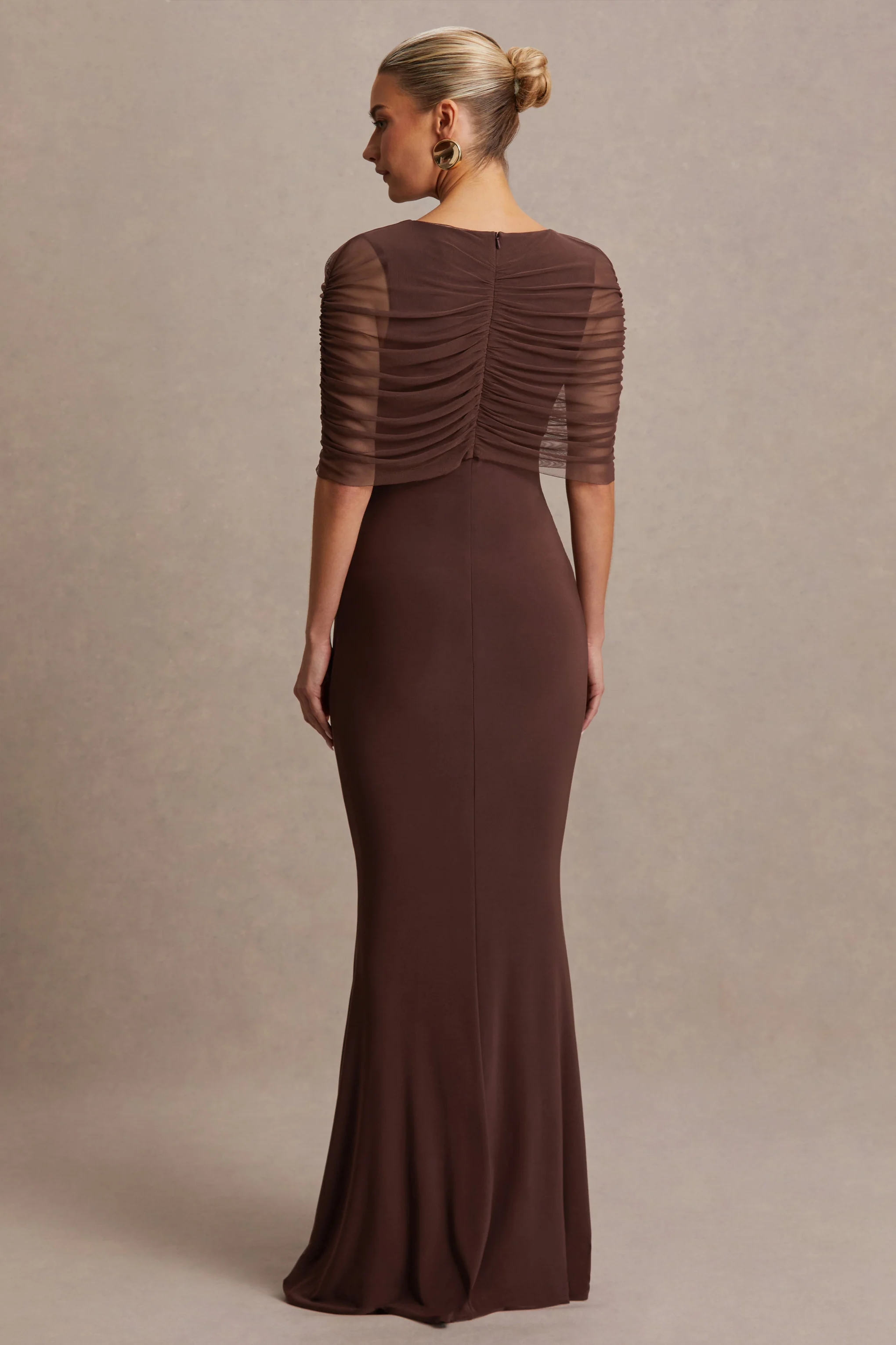Zaria | Brown Crew-Neck Maternity Maxi Dress With Cape-Overlay - Image 2