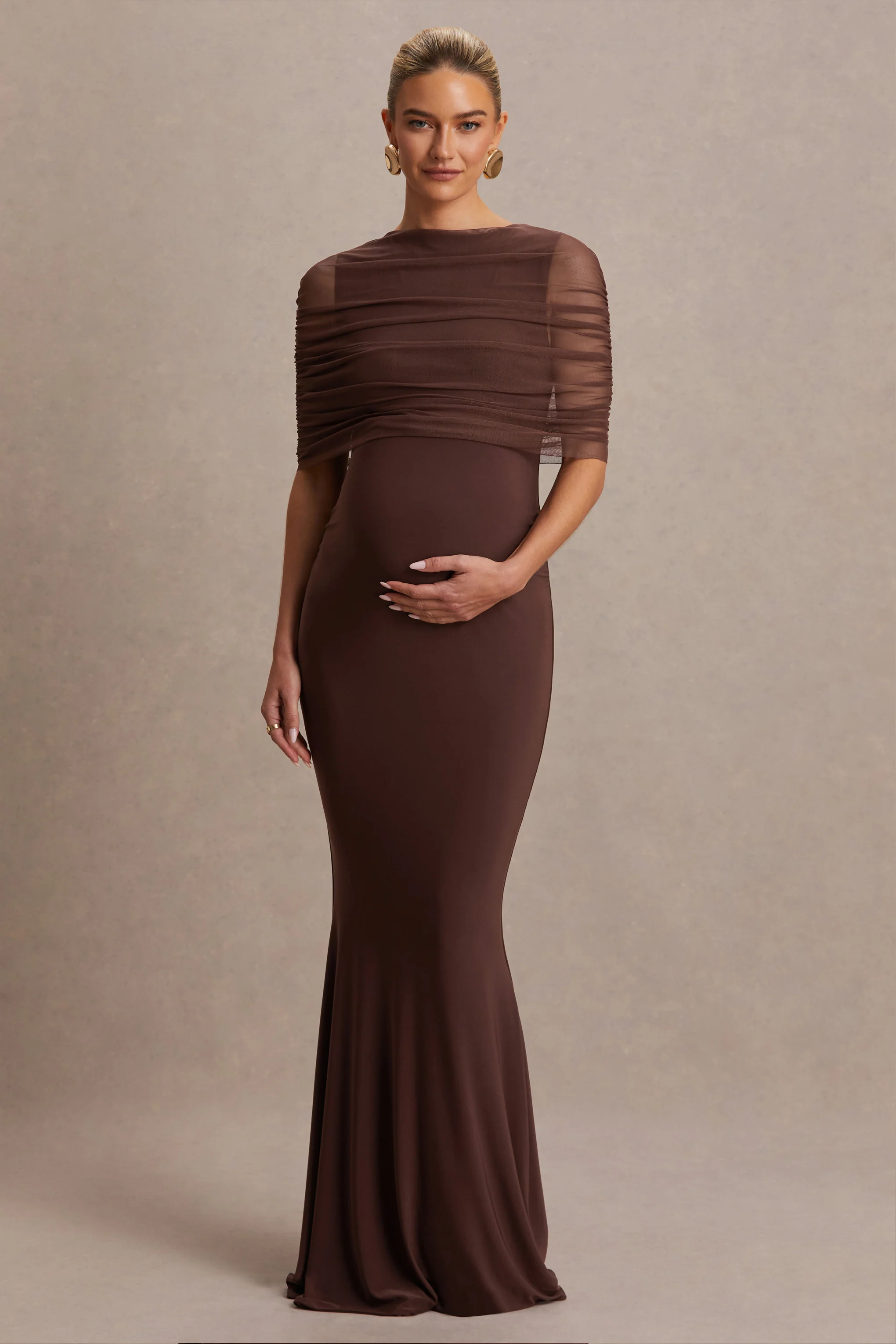 Zaria | Brown Crew-Neck Maternity Maxi Dress With Cape-Overlay - Image 4