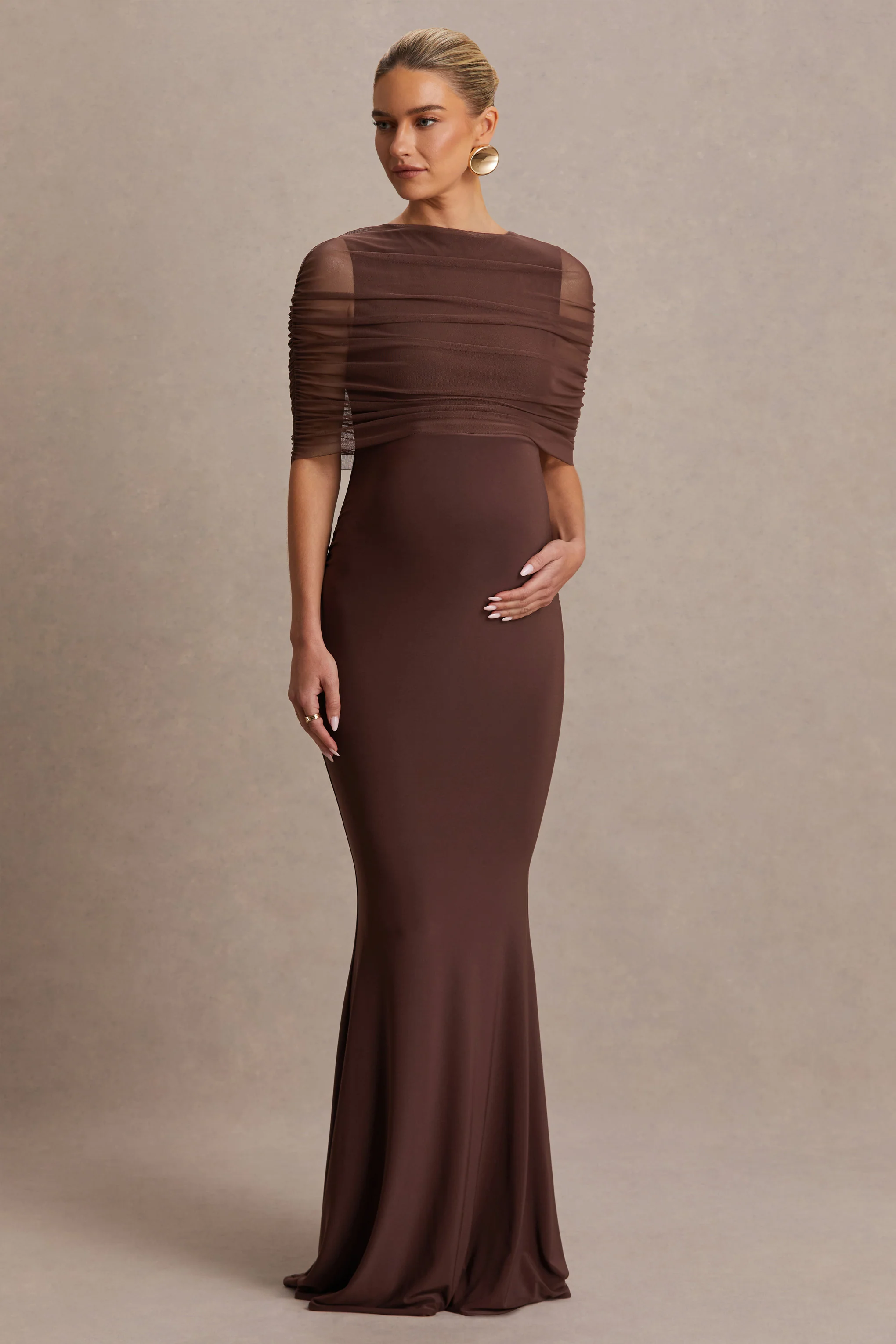Zaria | Brown Crew-Neck Maternity Maxi Dress With Cape-Overlay - Image 5