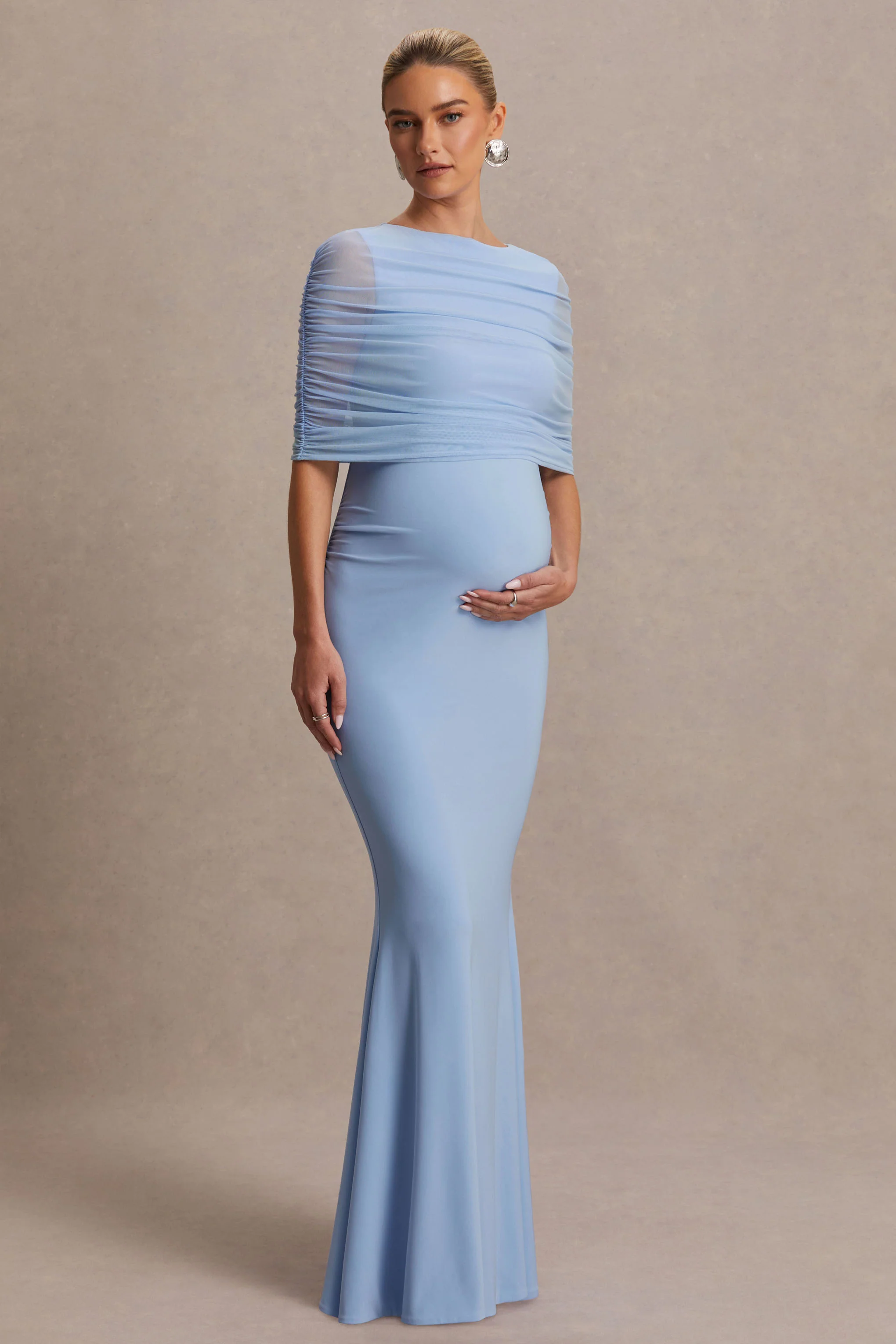 Zaria | Powder Blue Crew-Neck Maternity Maxi Dress With Cape-Overlay - Image 5