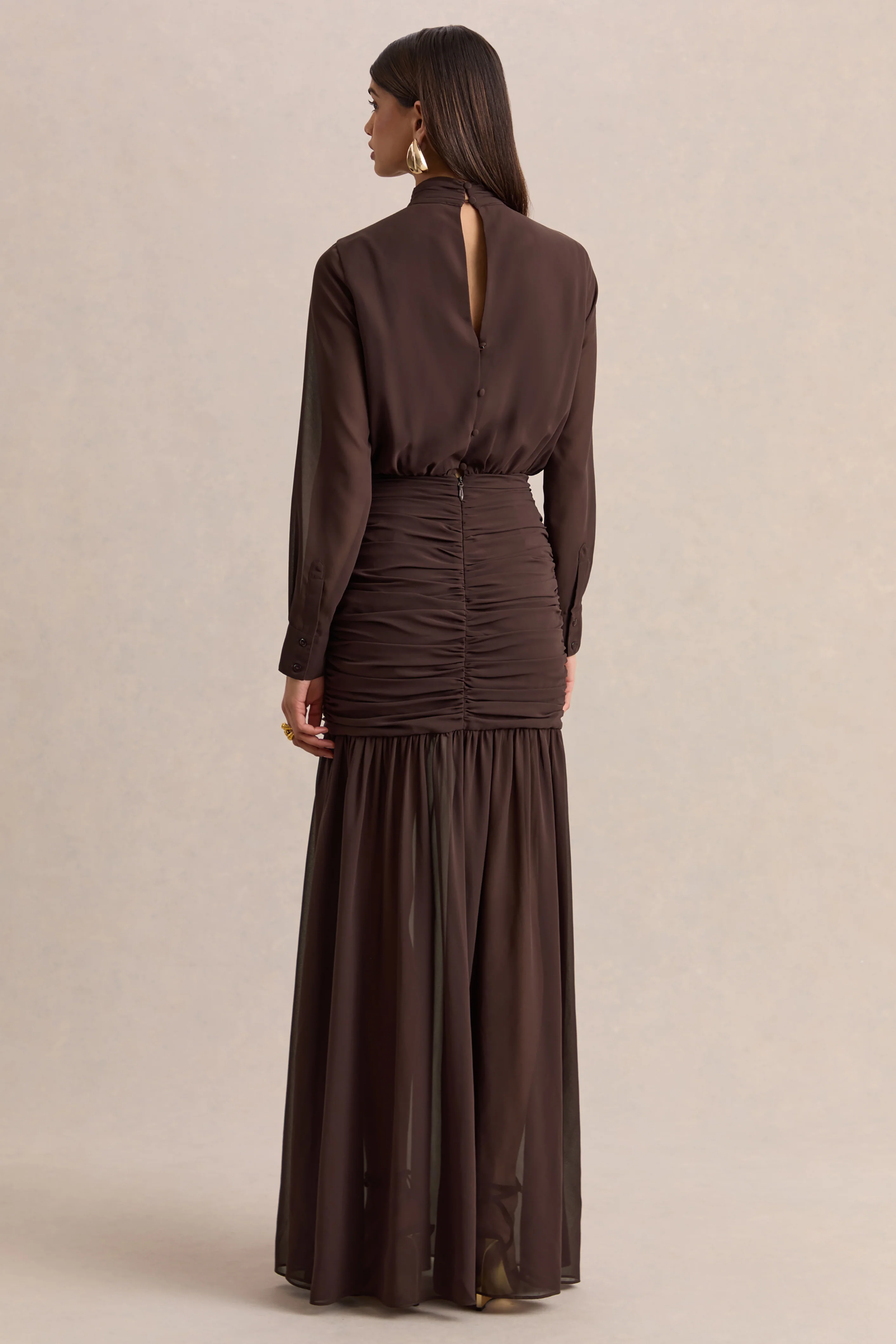Zella | Brown High-Neck Maxi Dress With Sheer-Skirt - Image 2
