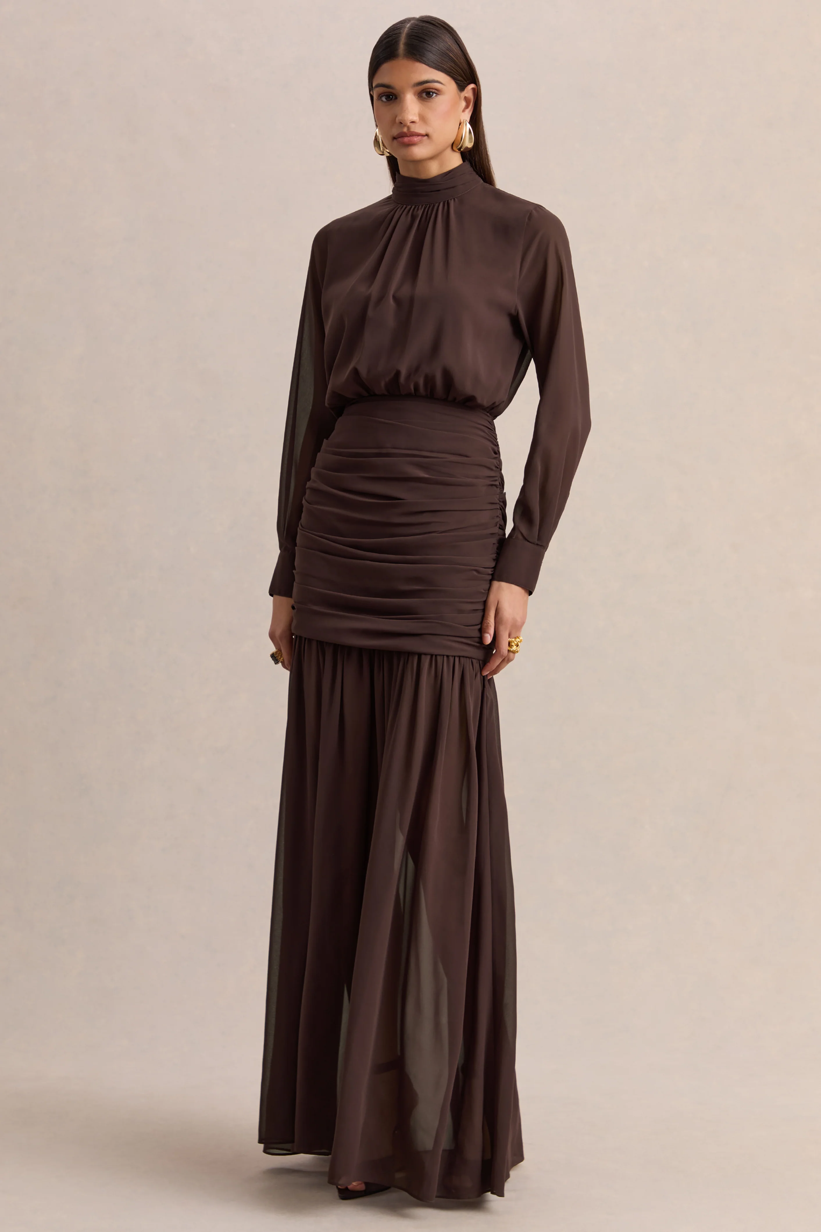 Zella | Brown High-Neck Maxi Dress With Sheer-Skirt - Image 4