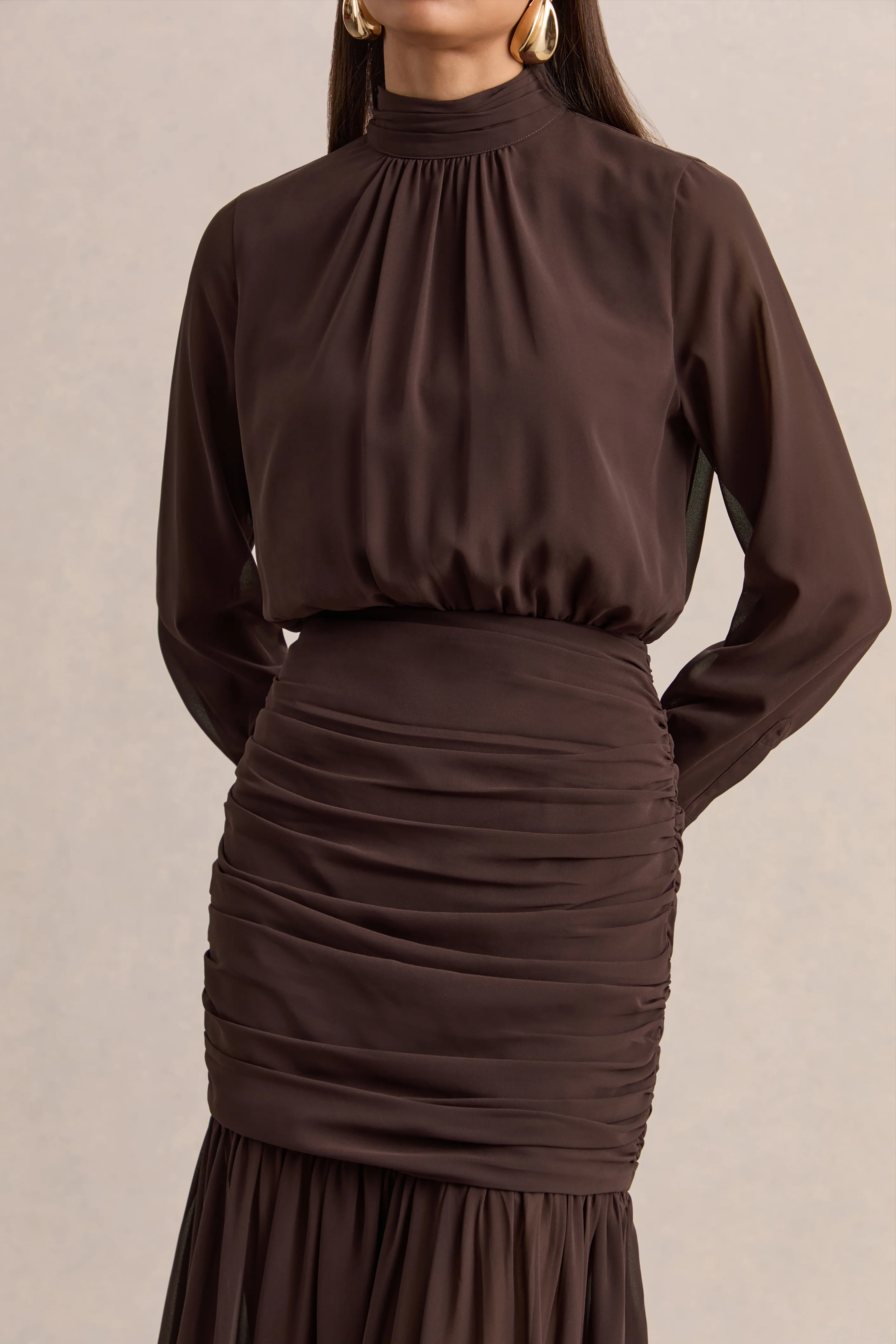 Zella | Brown High-Neck Maxi Dress With Sheer-Skirt - Image 6