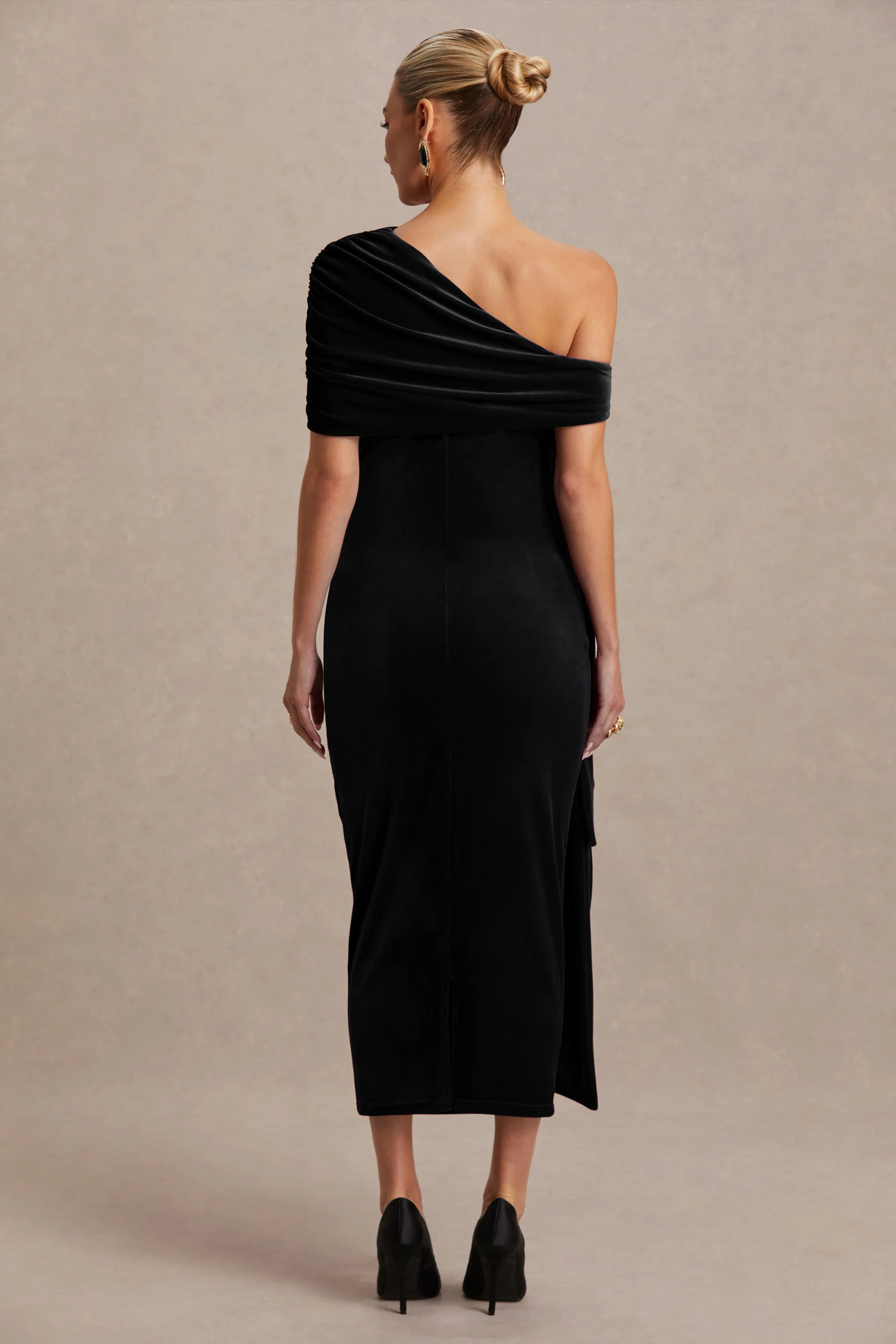 Zena | Black Velvet Asymmetric-Neck Maternity Midi Dress With Knot And Sash Detail - Image 2