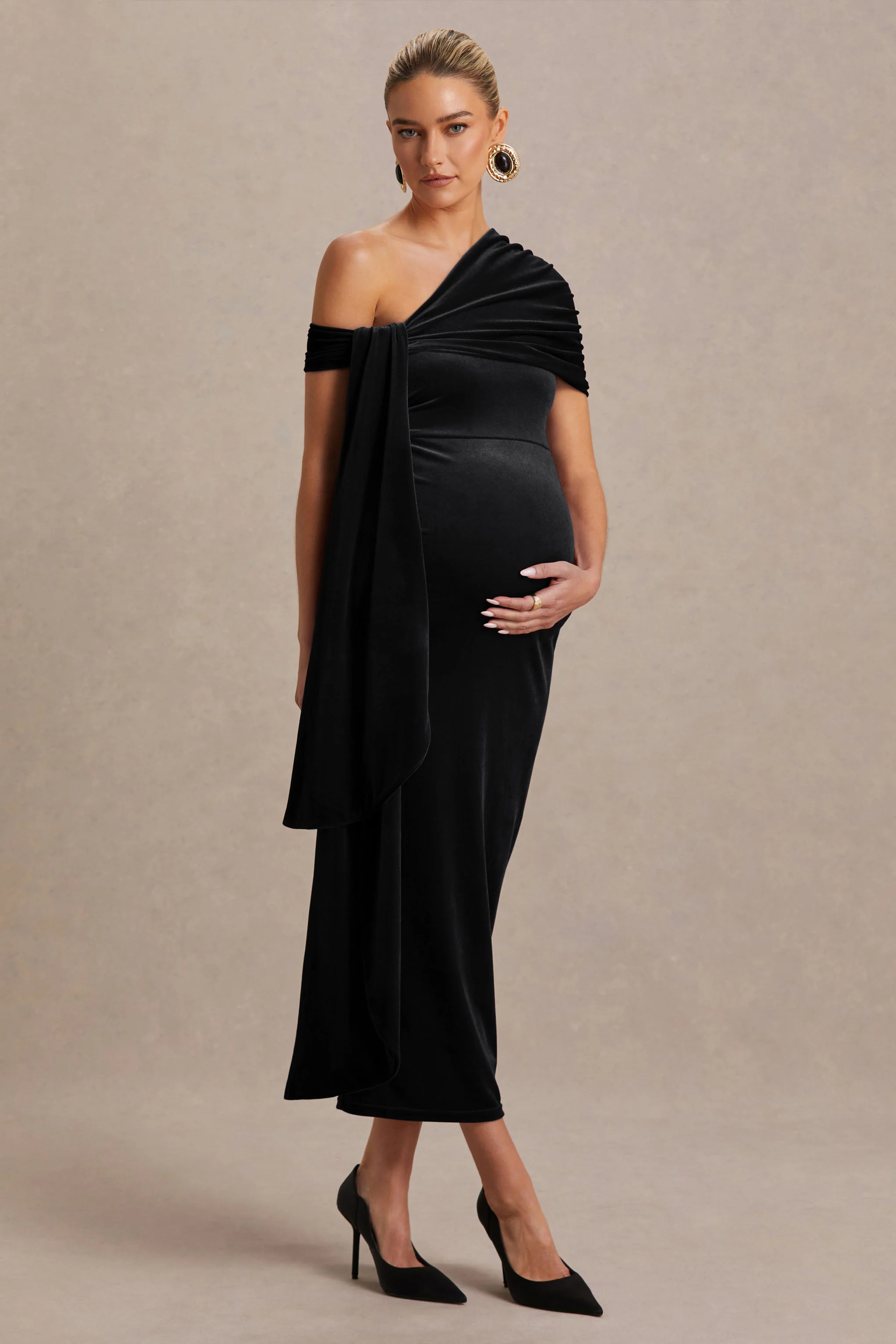 Zena | Black Velvet Asymmetric-Neck Maternity Midi Dress With Knot And Sash Detail - Image 4