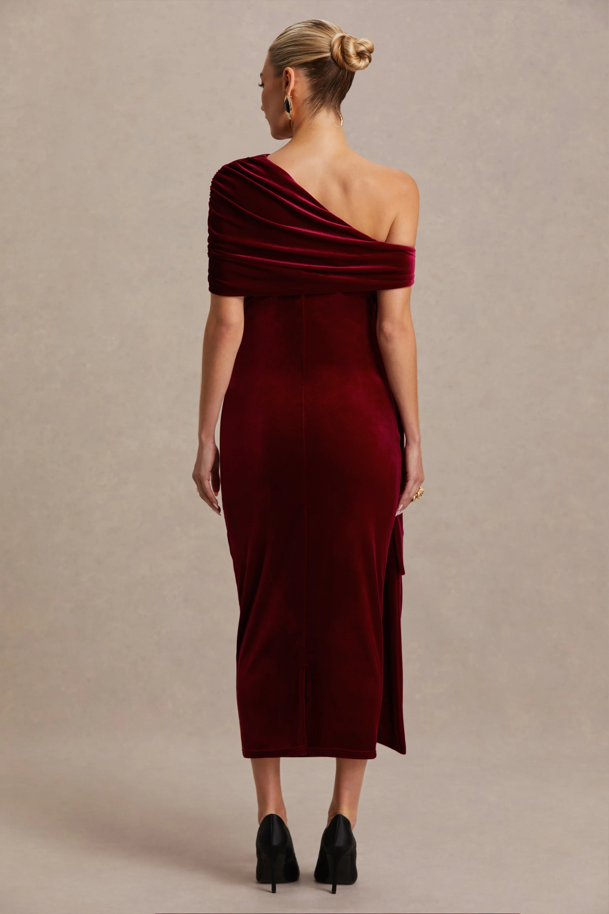 Zena | Burgundy Velvet Asymmetric-Neck Maternity Midi Dress With Knot And Sash Detail - Image 2