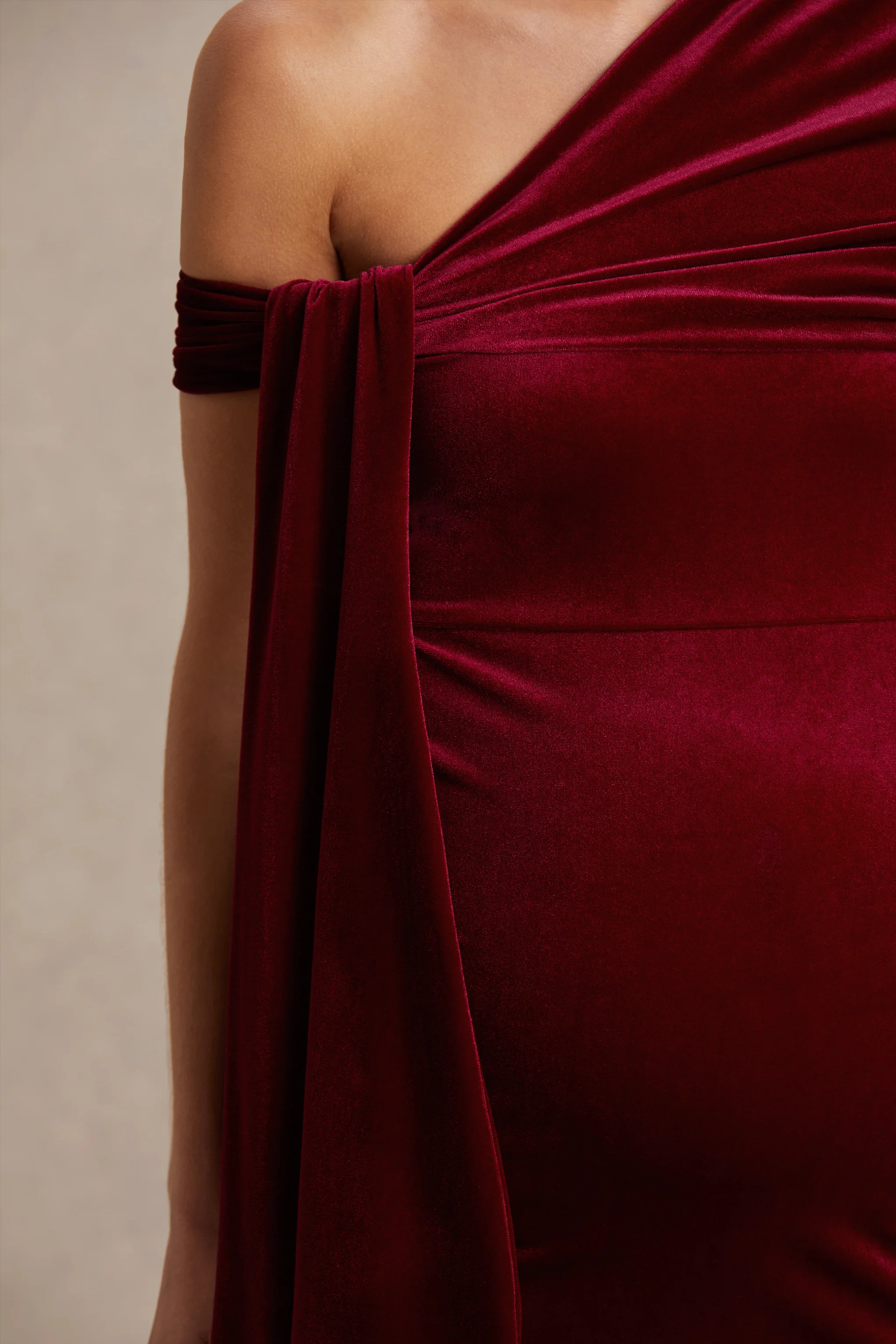 Zena | Burgundy Velvet Asymmetric-Neck Maternity Midi Dress With Knot And Sash Detail - Image 3