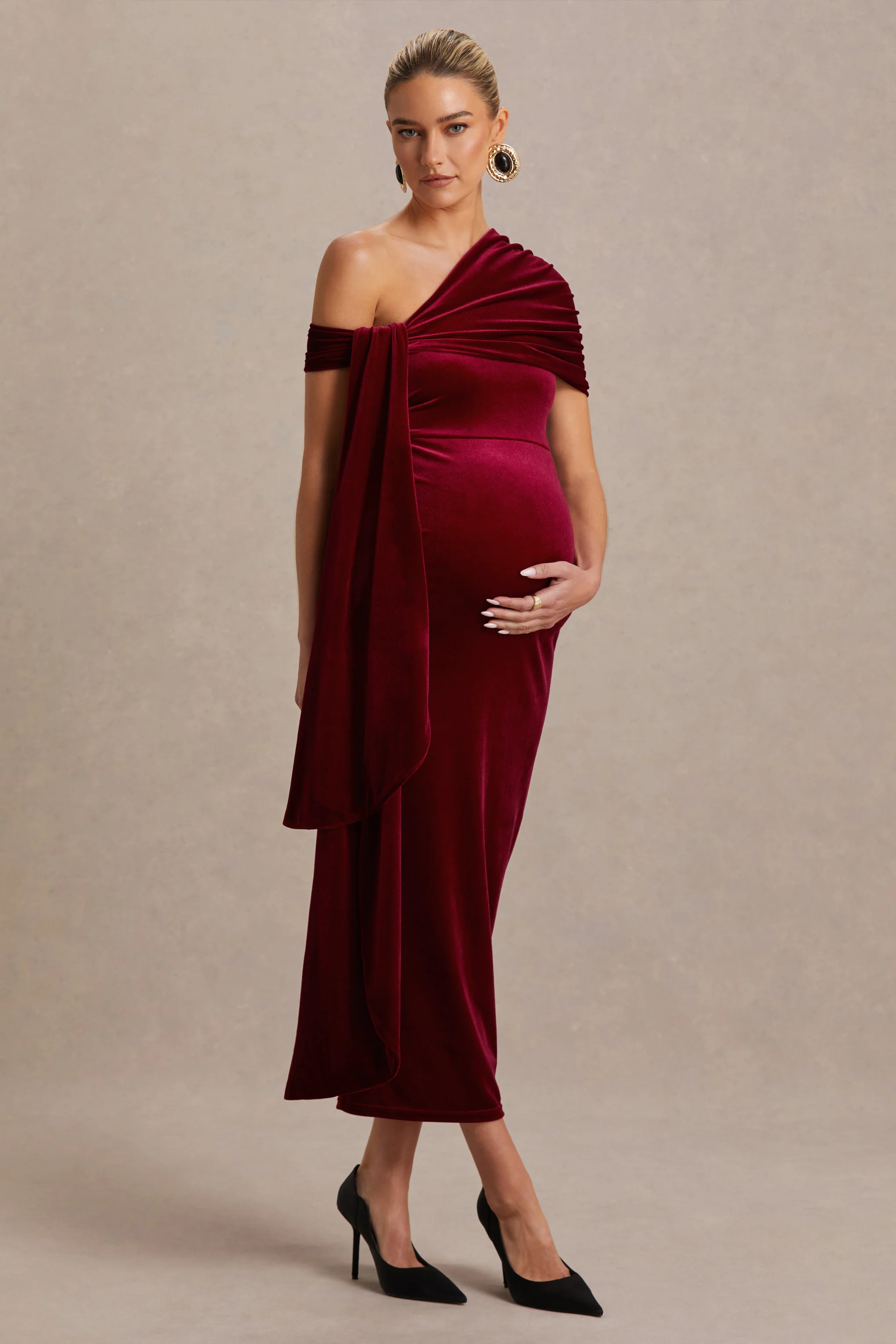 Zena | Burgundy Velvet Asymmetric-Neck Maternity Midi Dress With Knot And Sash Detail - Image 4