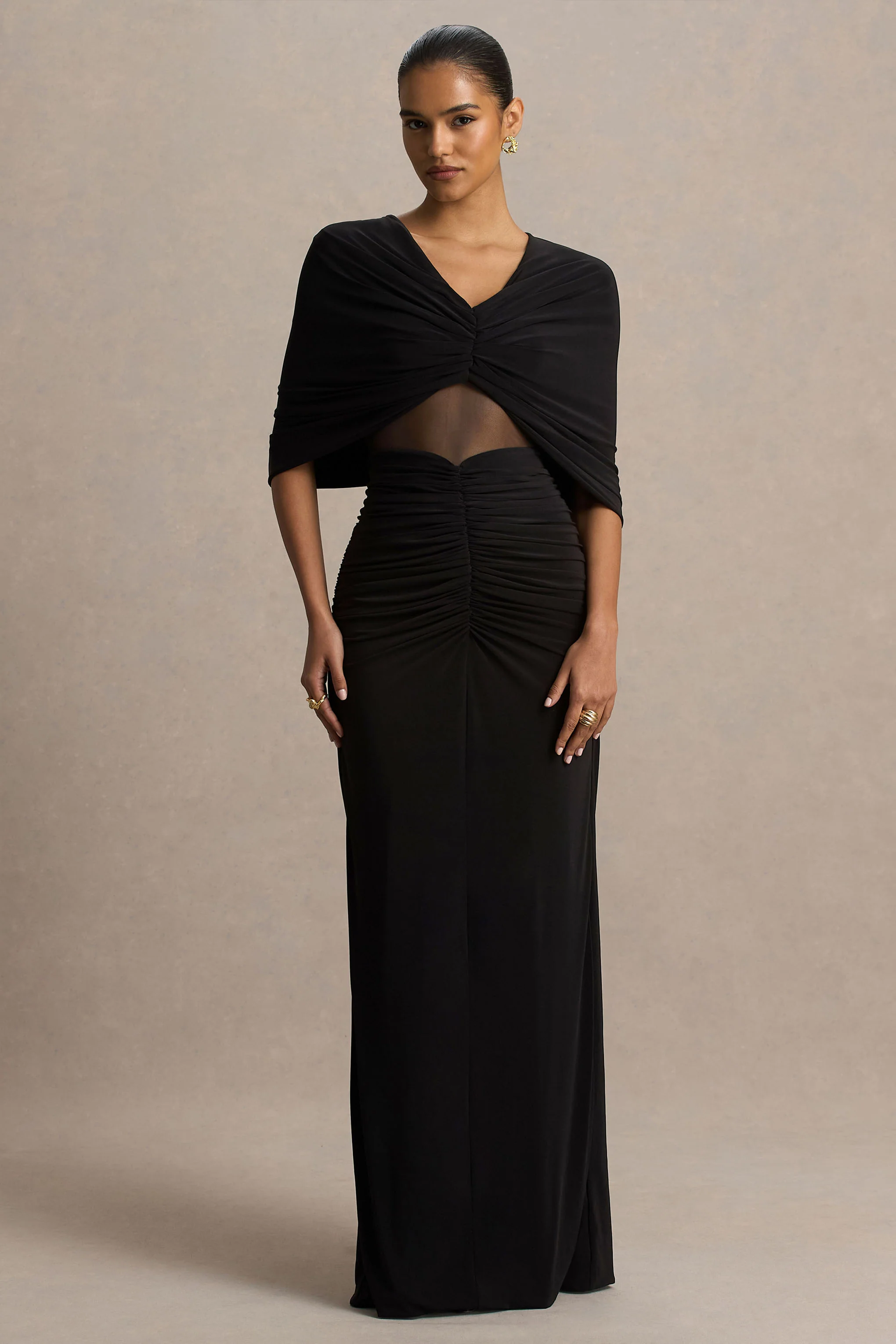 Zinnie | Black Cape-Sleeve Maxi Dress With Mesh Panel - Image 4