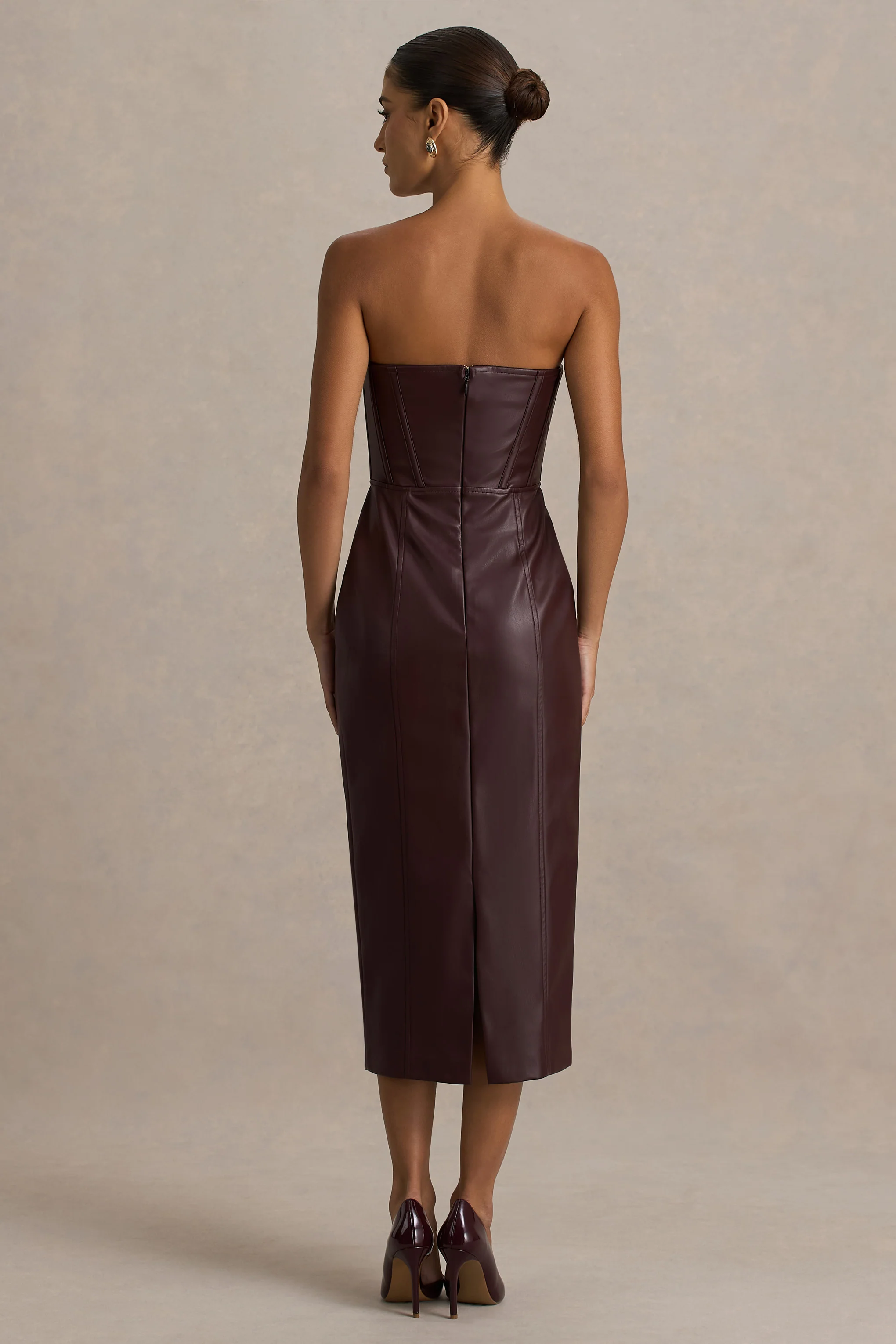 Zola | Burgundy Faux Leather Bandeau Midi Dress - Image 2