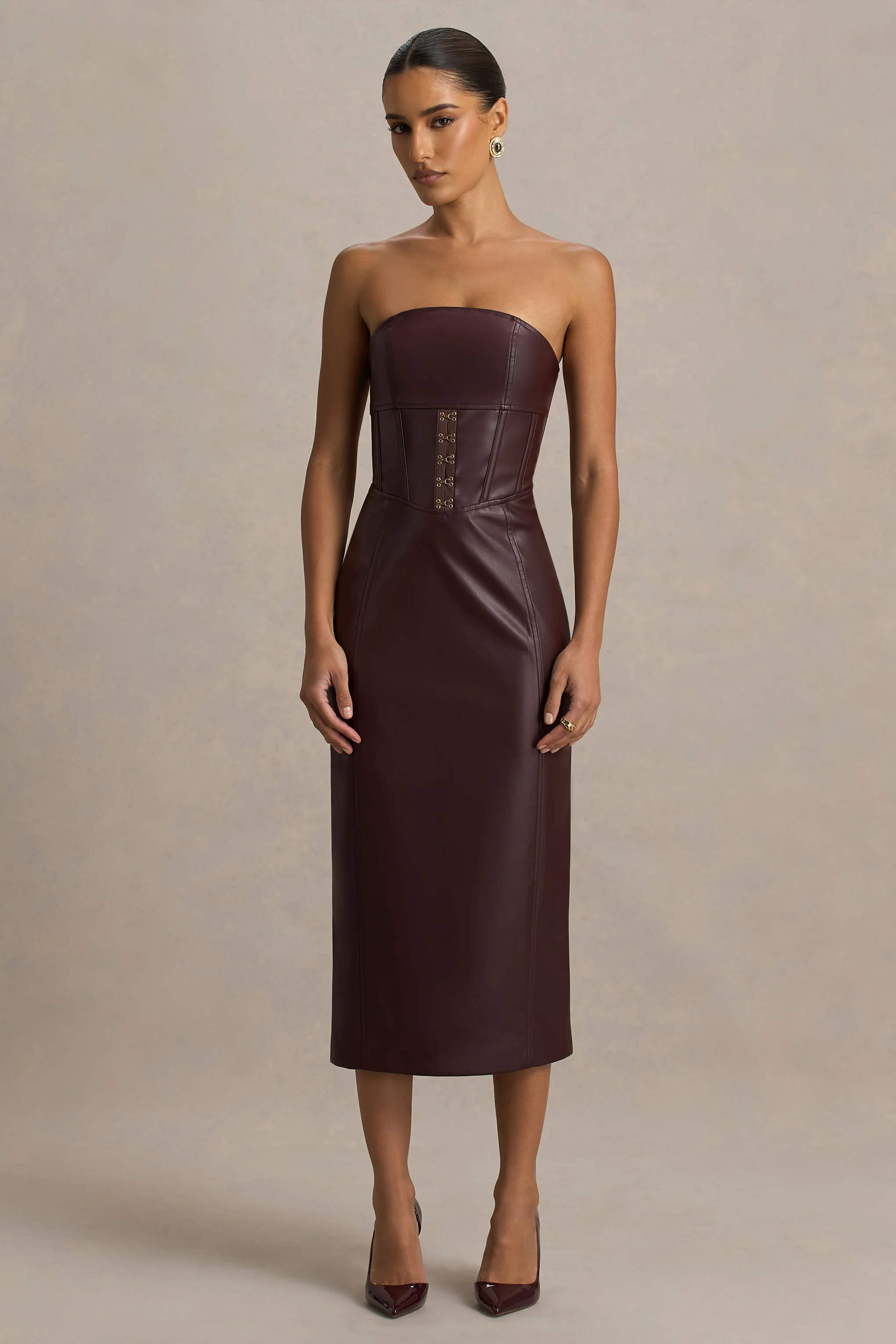 Zola | Burgundy Faux Leather Bandeau Midi Dress - Image 3