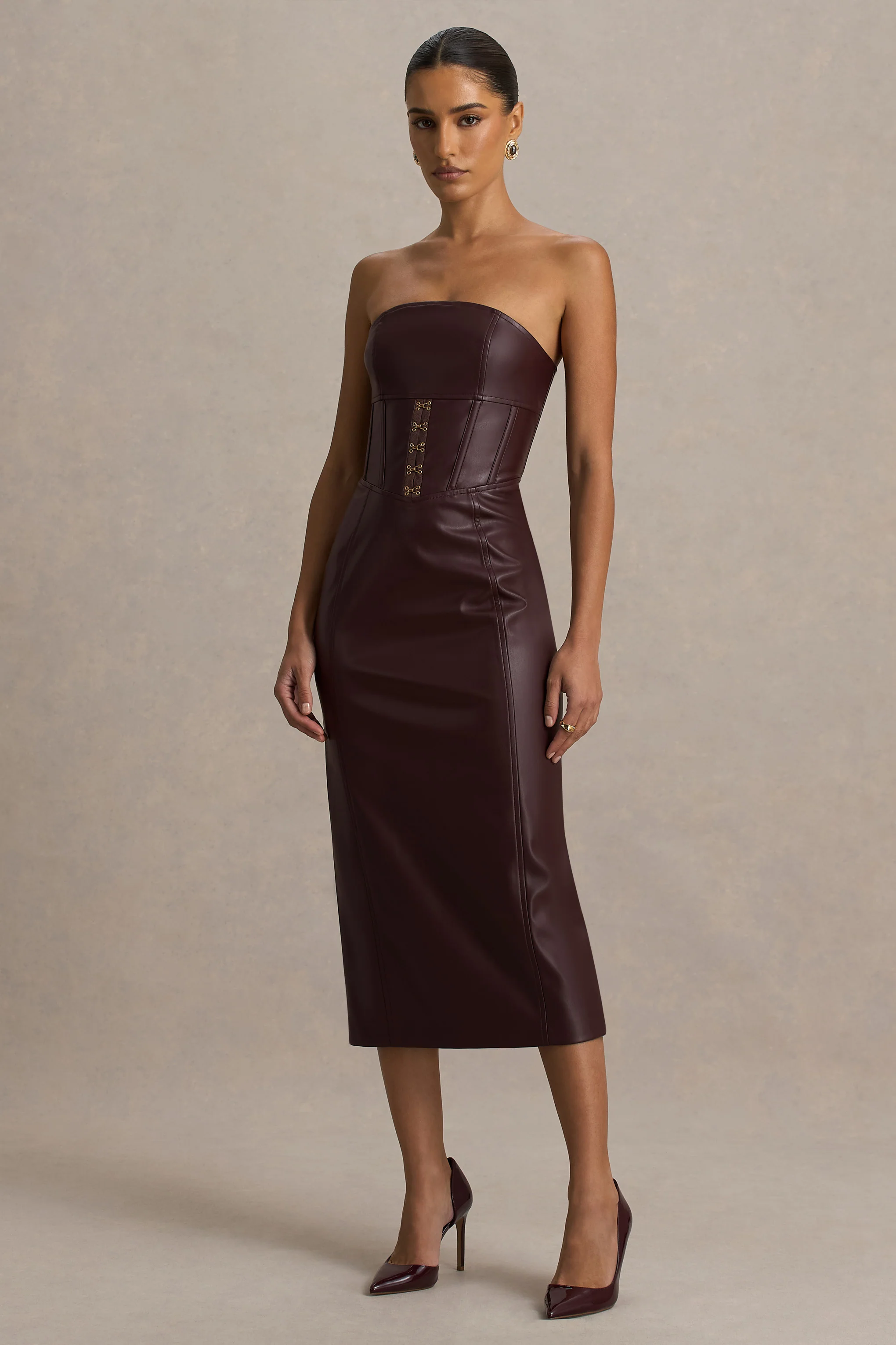 Zola | Burgundy Faux Leather Bandeau Midi Dress - Image 4