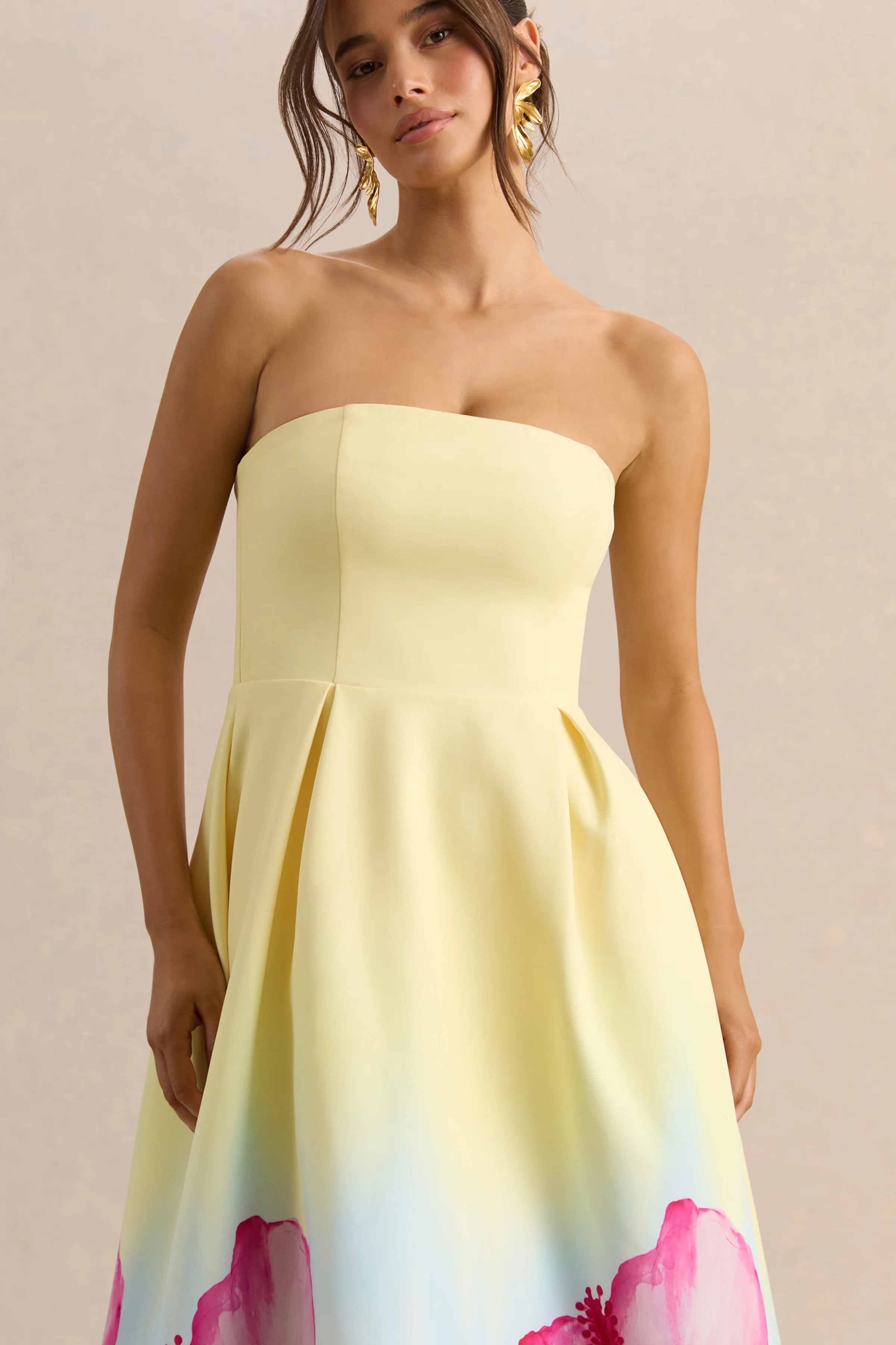 Zoya | Yellow Ombre Lily Print Bandeau Midi Dress - Image 3