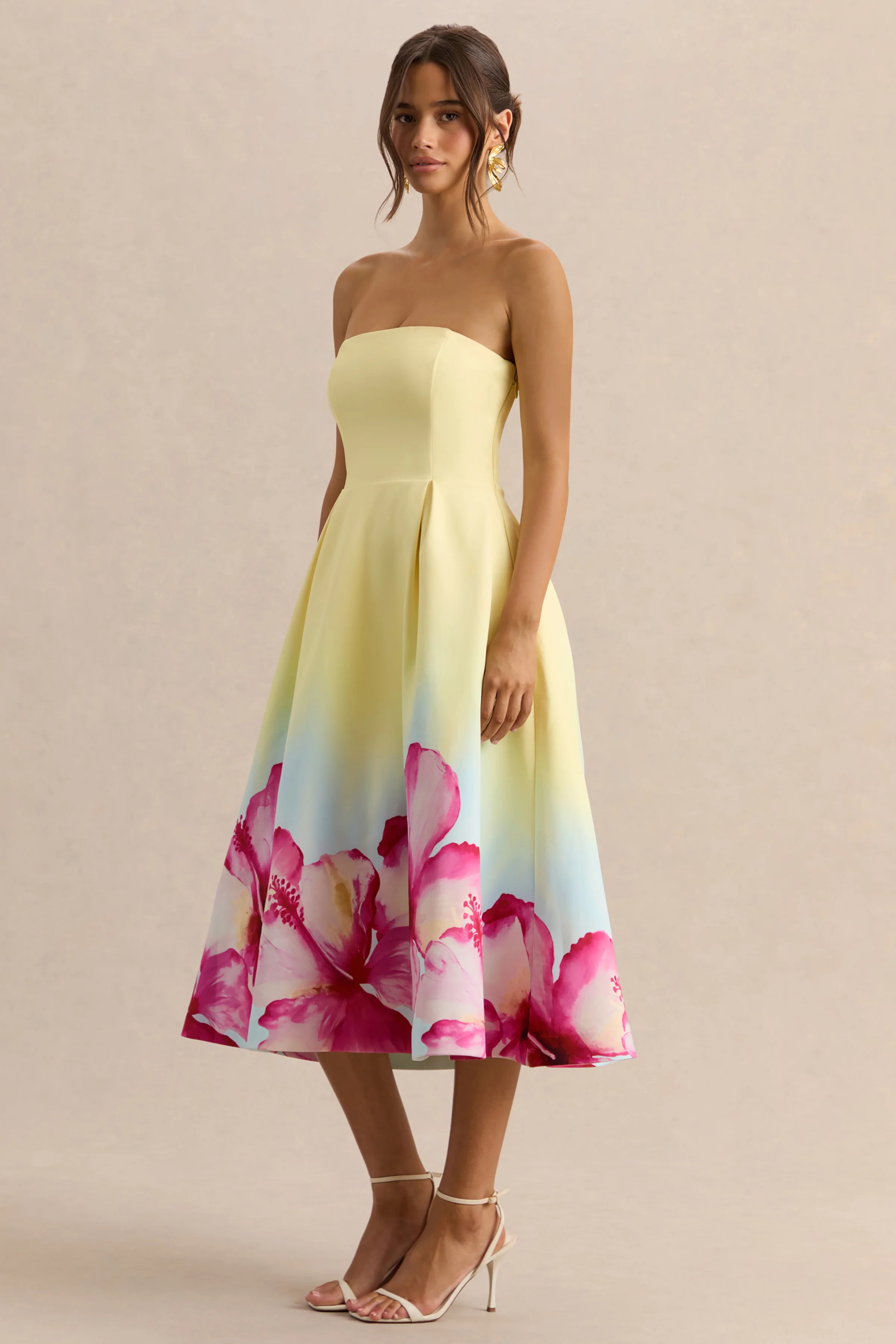 Zoya | Yellow Ombre Lily Print Bandeau Midi Dress - Image 4