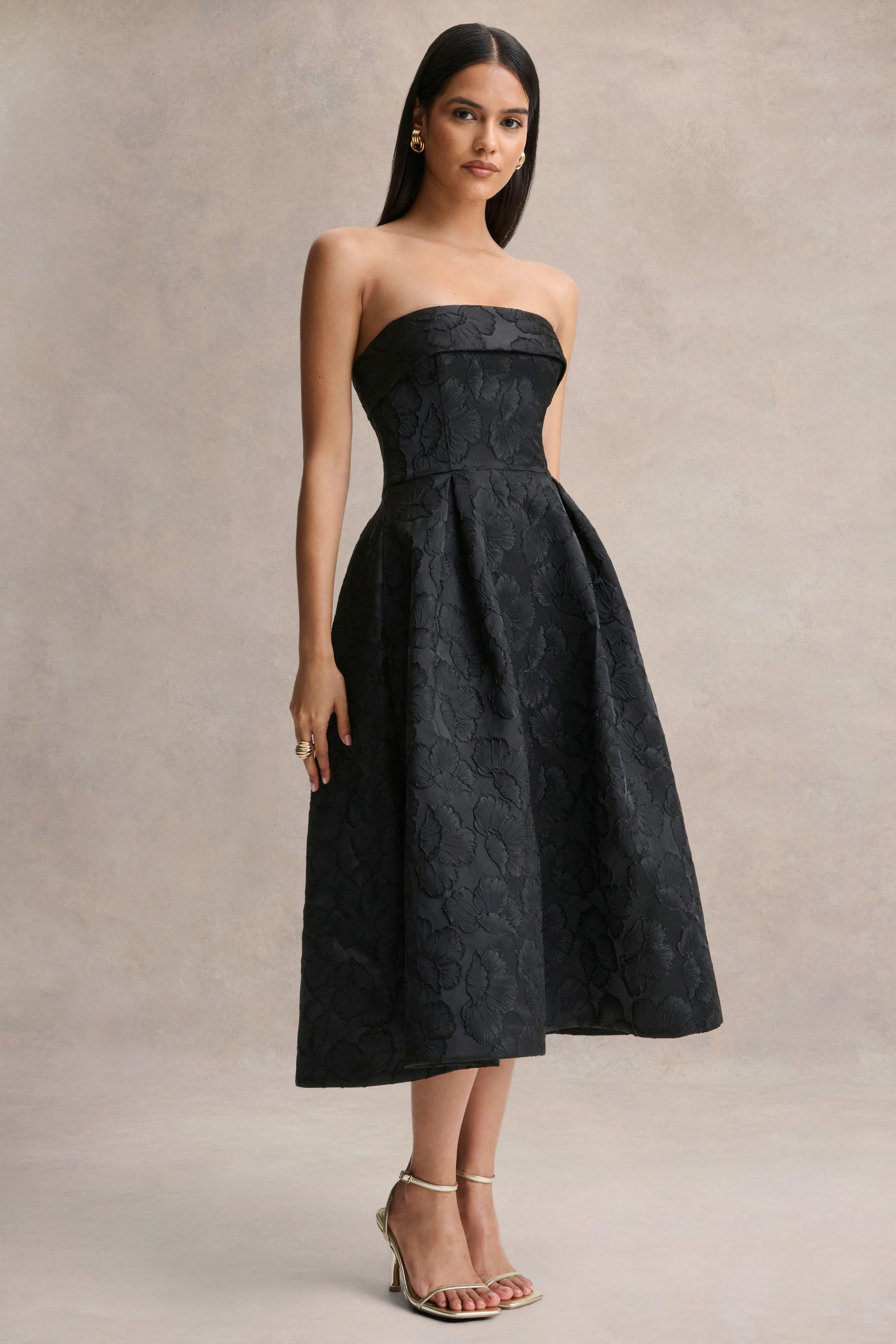 Zuma | Black Metallic Jacquard Strapless Midi Dress - Image 5