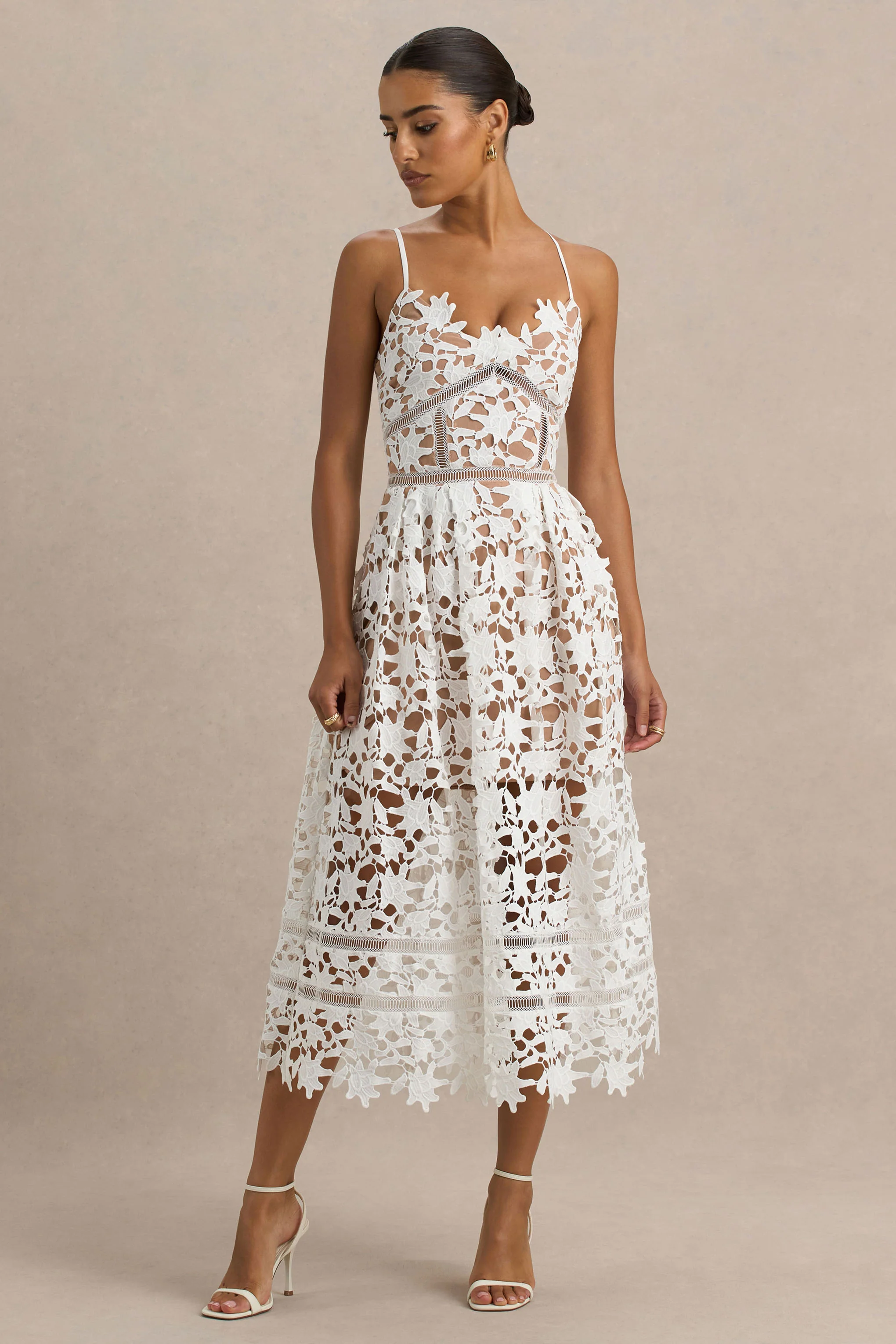Zuri | White Lace Sweetheart Midi Dress With Cami Straps - Image 4