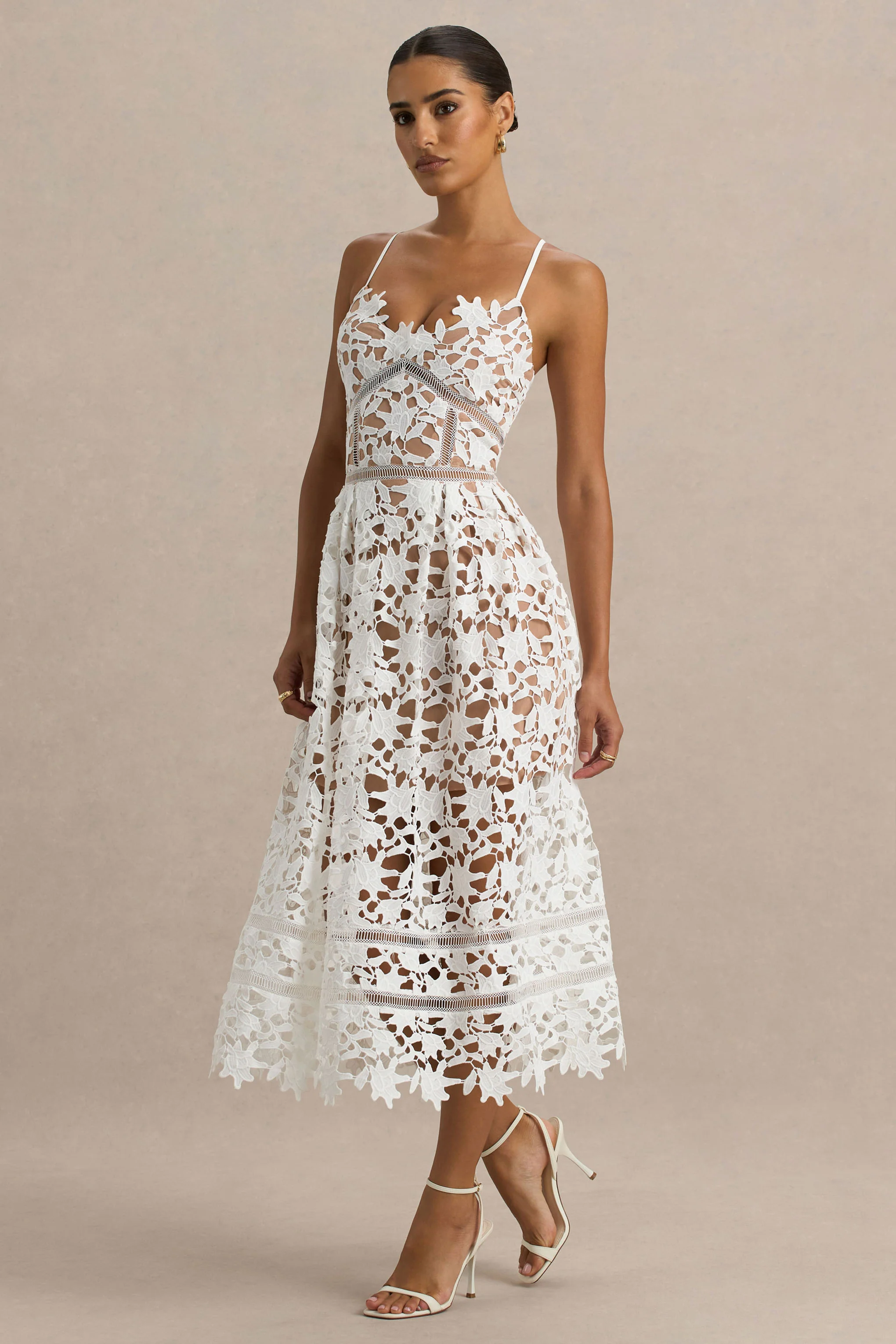 Zuri | White Lace Sweetheart Midi Dress With Cami Straps - Image 5