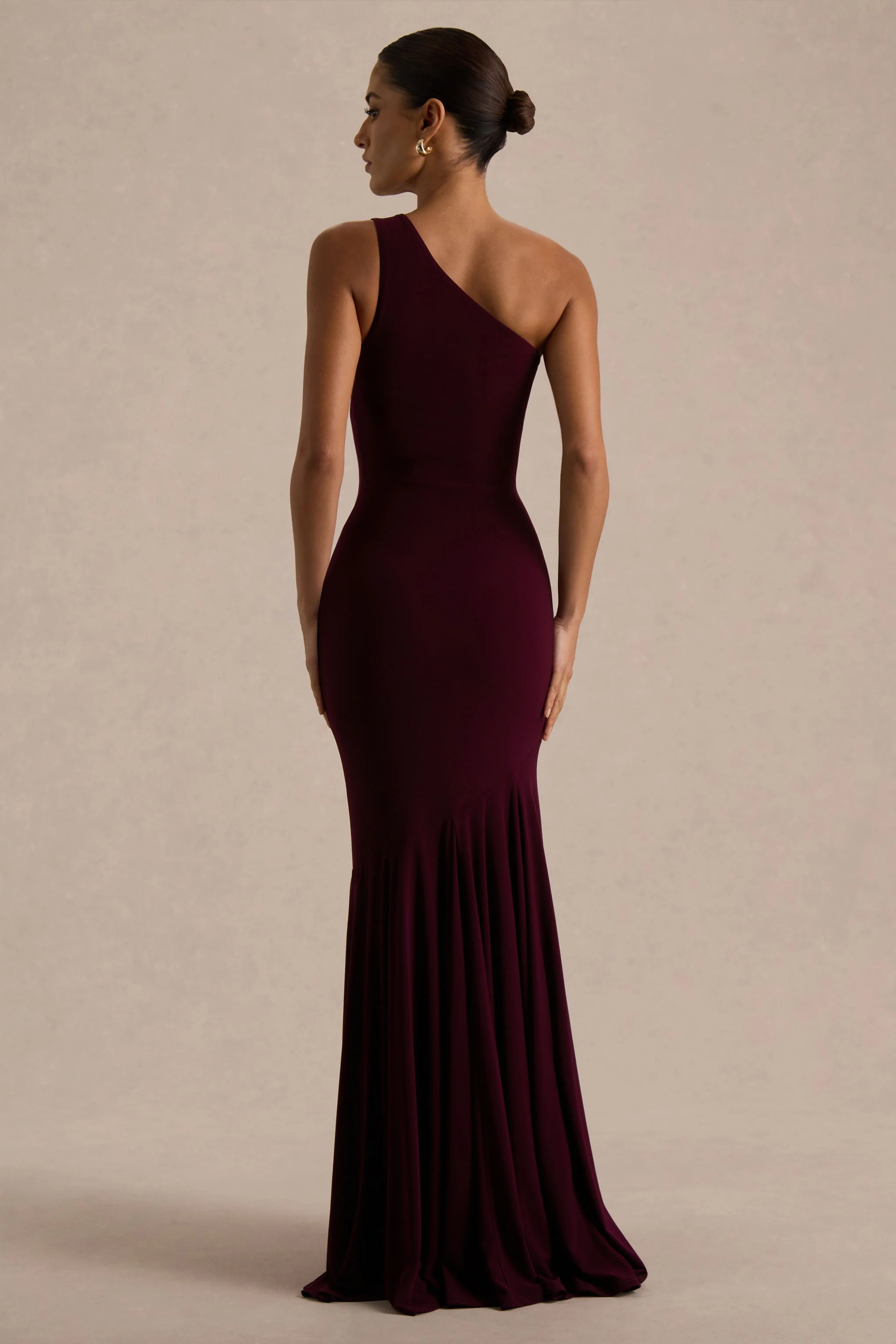 Zya | Dark Plum Asymmetric-Neck Fishtail Maxi Dress - Image 2