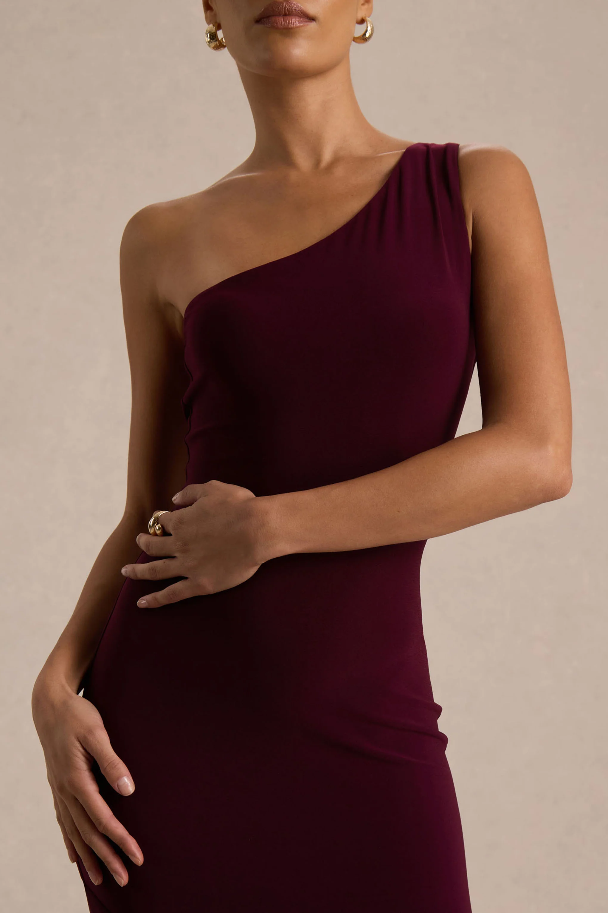 Zya | Dark Plum Asymmetric-Neck Fishtail Maxi Dress - Image 5